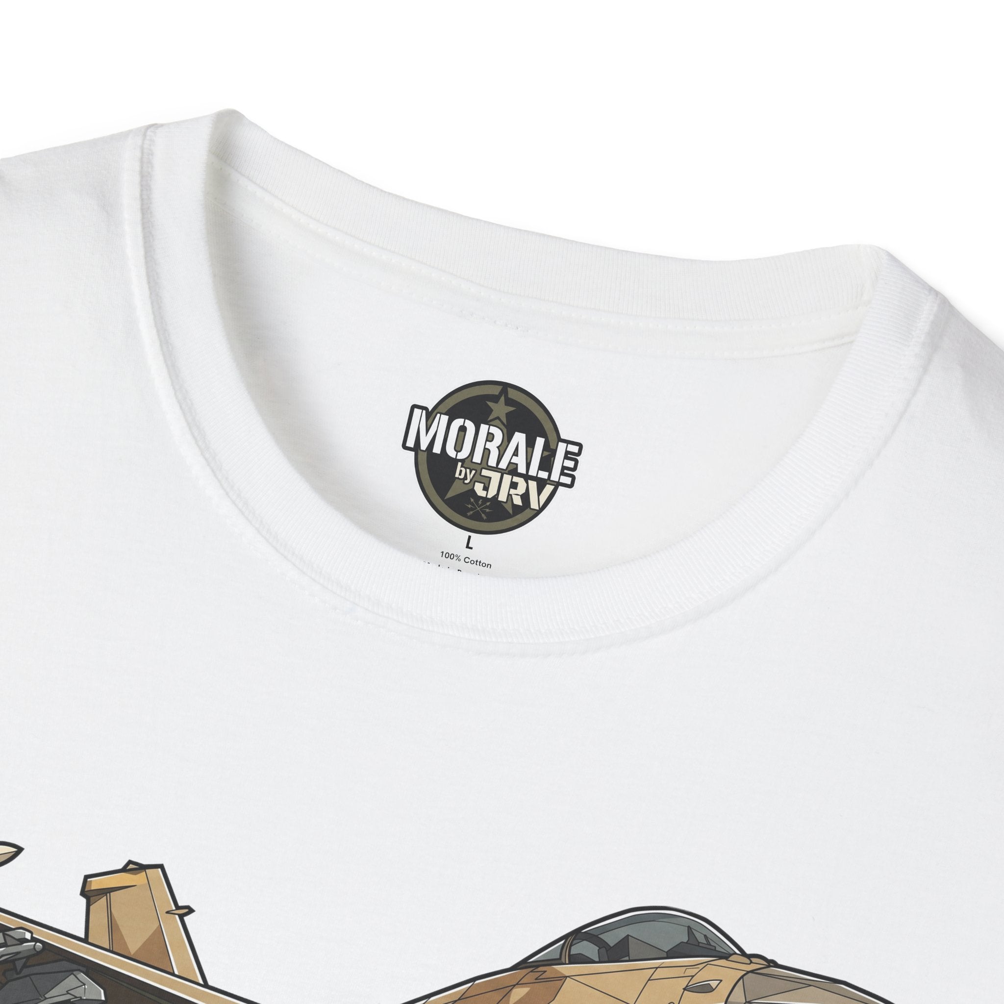 White T-shirt collar with circular brand logo; top of camouflage jet graphic