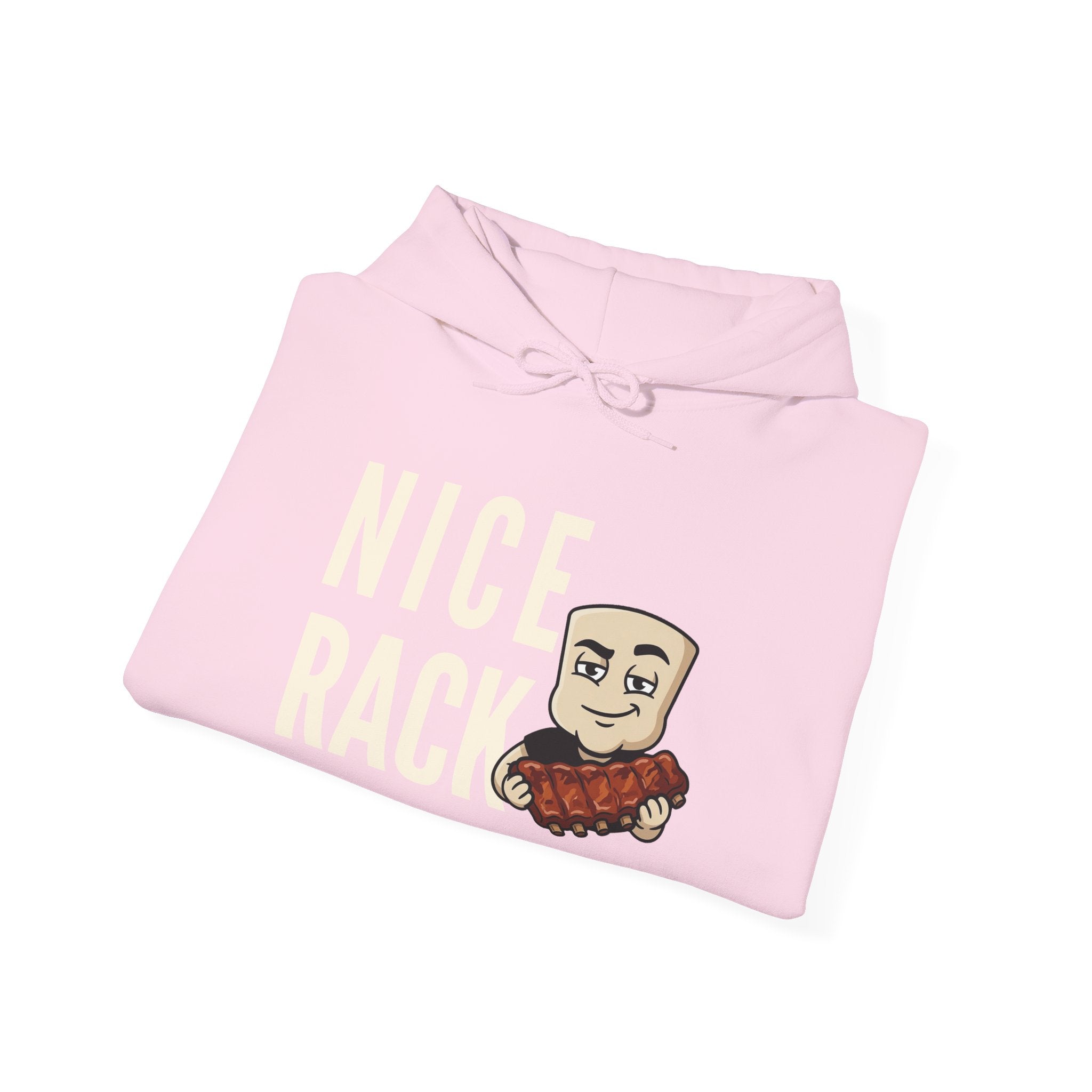Light pink adult hoodie with drawstring hood, front graphic text and character