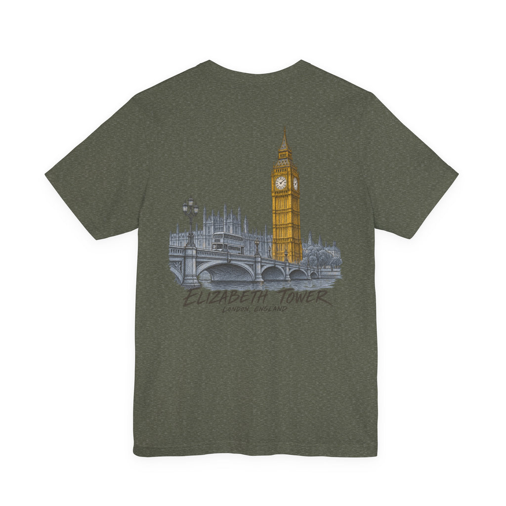 Heather dark olive T-shirt with large Elizabeth Tower illustration and vintage-style text