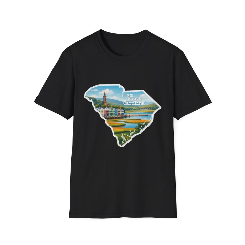 Black T-shirt with South Carolina state skyline graphic and “I am South Carolina” text