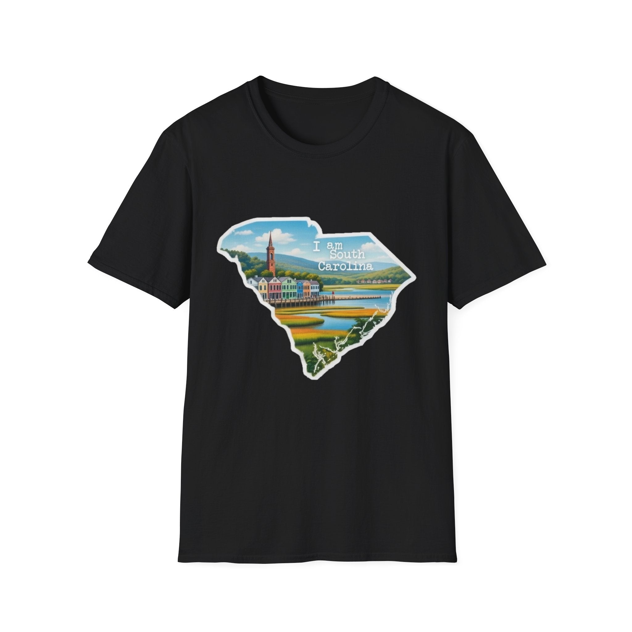 Black T-shirt with South Carolina state skyline graphic and “I am South Carolina” text