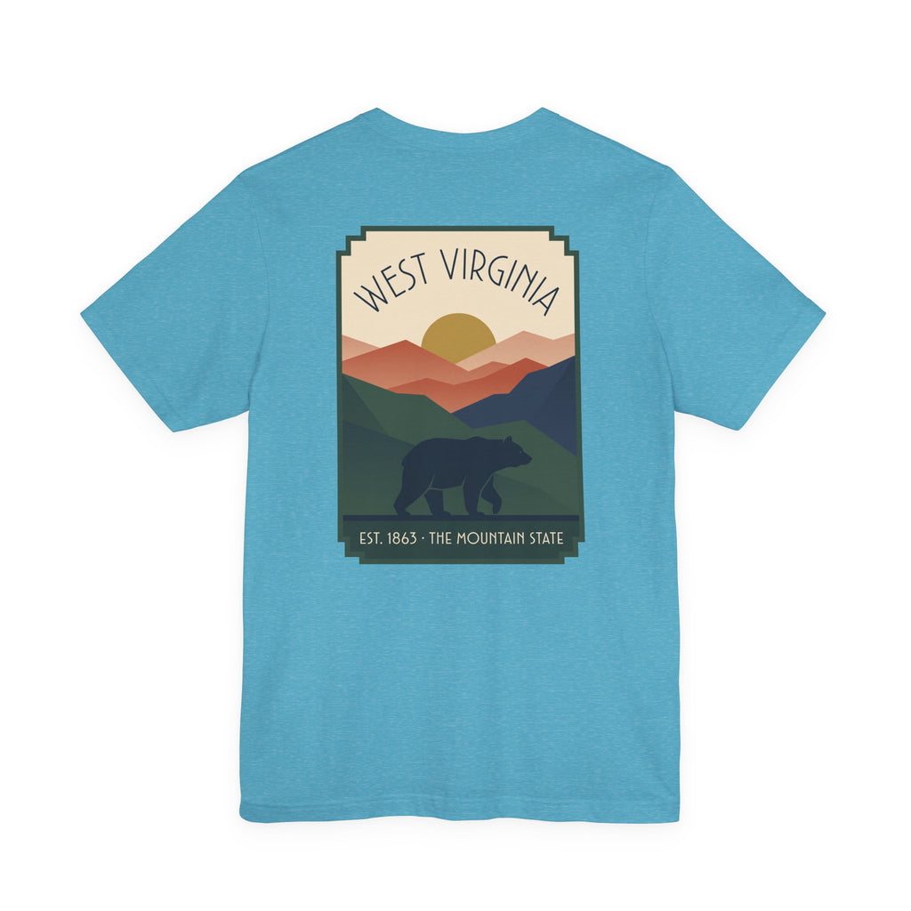 Light aqua T-shirt with West Virginia bear and mountain graphic on the front.