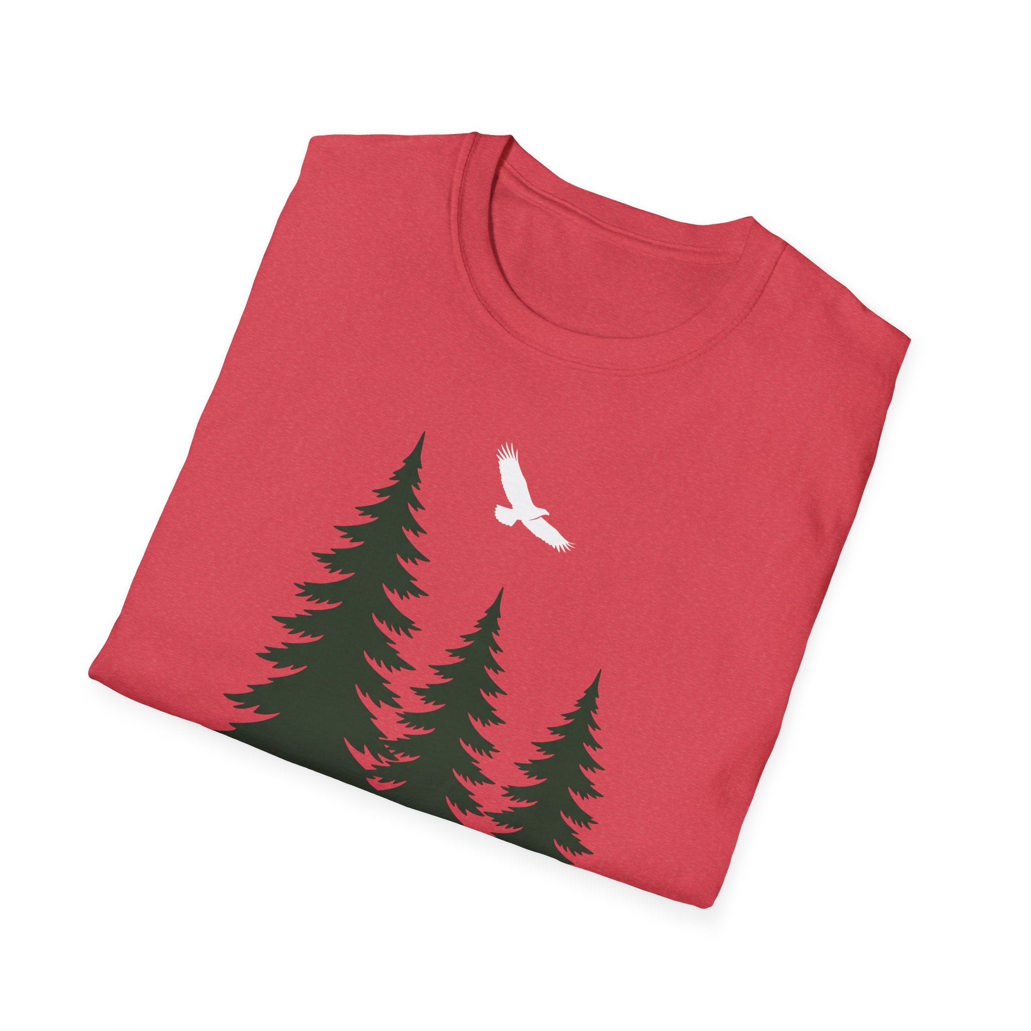 Maroon T-shirt with pine trees and white soaring bird graphic