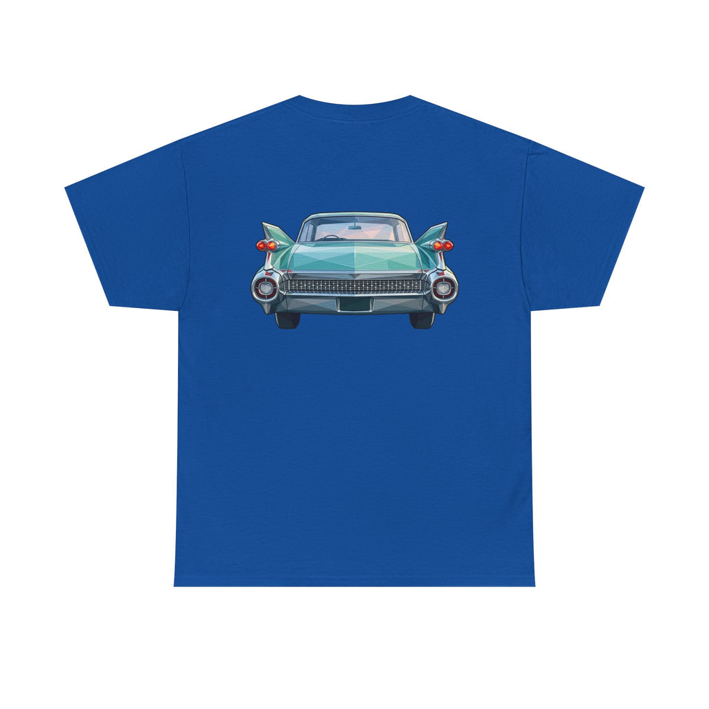 Blue crew neck T-shirt with front-facing vintage car illustration centered