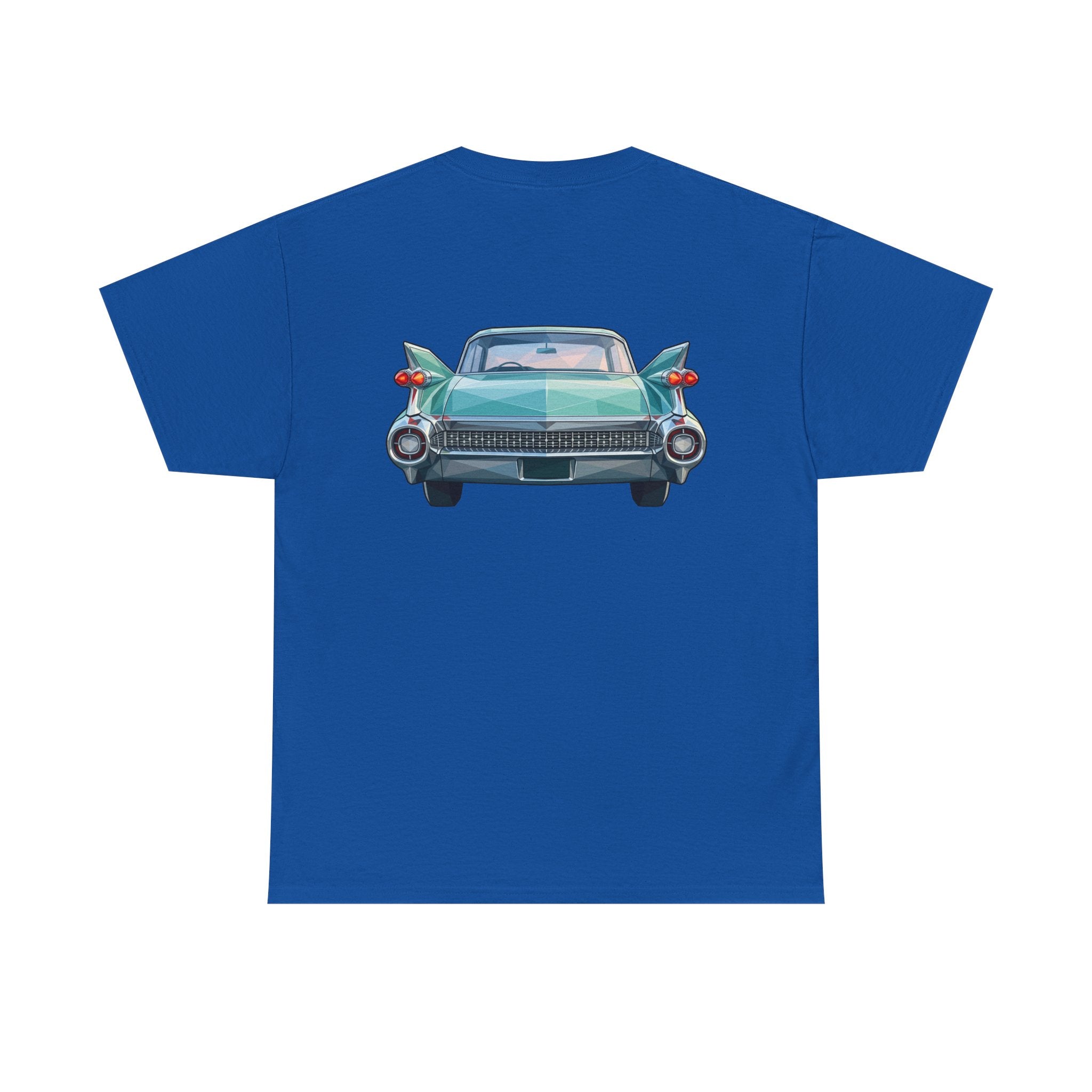 Blue crew neck T-shirt with front-facing vintage car illustration centered