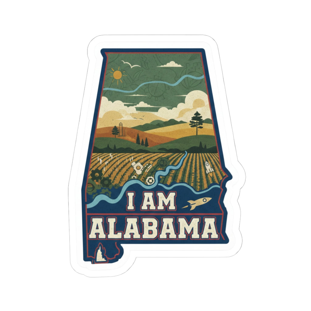 I AM ALABAMA sticker with landscape and blue border, die-cut on white backing