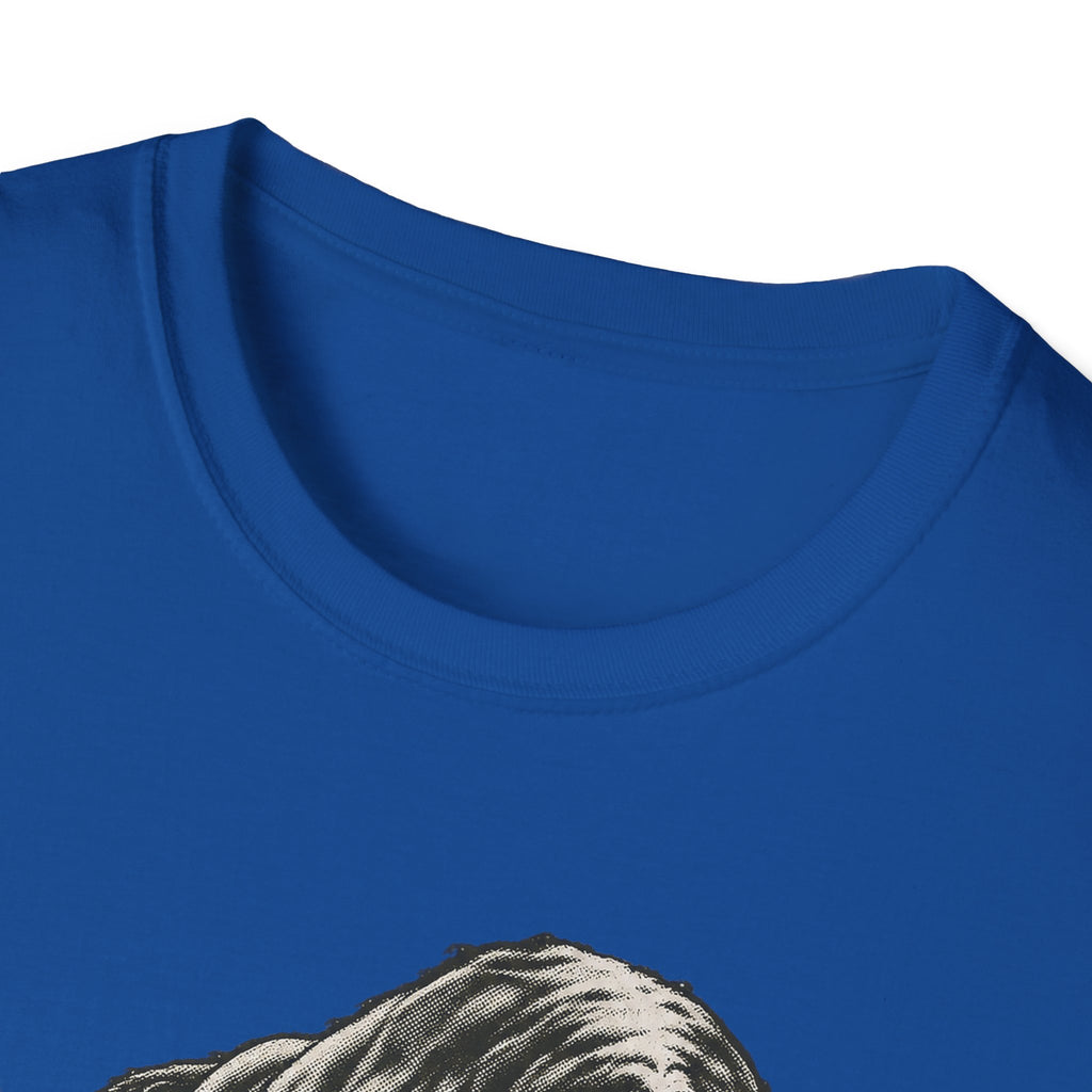 Blue crewneck t-shirt close-up showing neckline and top of charging bull graphic