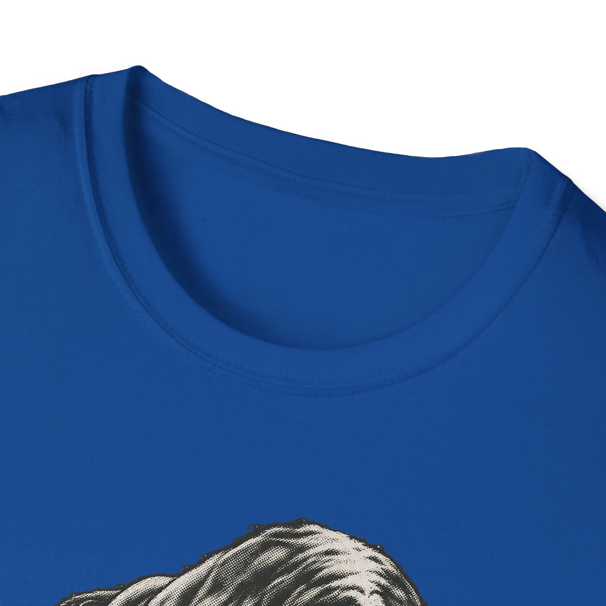 Blue crewneck t-shirt close-up showing neckline and top of charging bull graphic