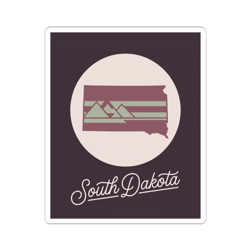 South Dakota kiss-cut decal: dark purple card, cream circle, state graphic, cursive lettering