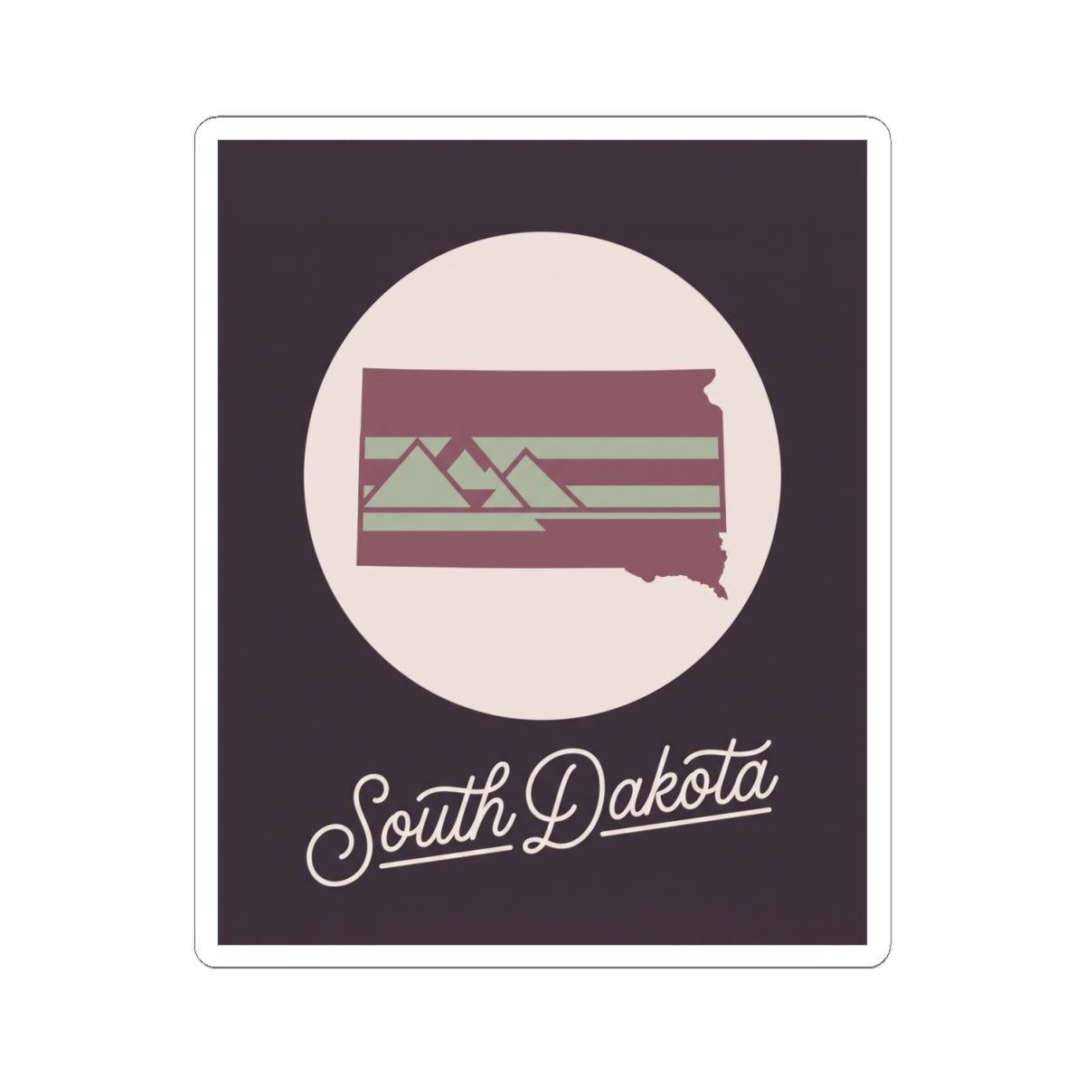 South Dakota kiss-cut decal: dark purple card, cream circle, state graphic, cursive lettering