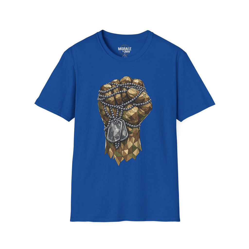 Royal blue T-shirt with polygon fist graphic and dog-tag necklace pendant.