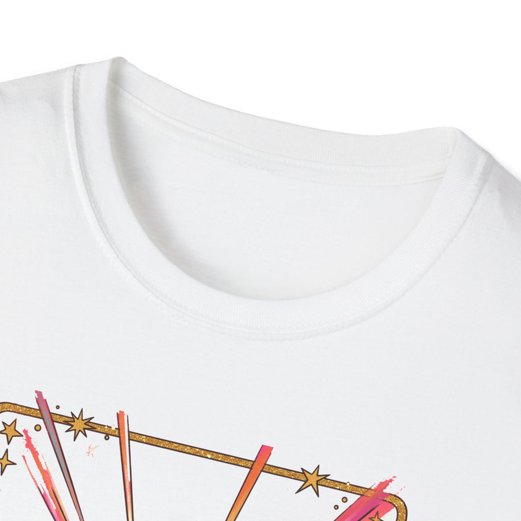 White T-shirt, crew neck, partial colorful retro skull graphic at bottom edge