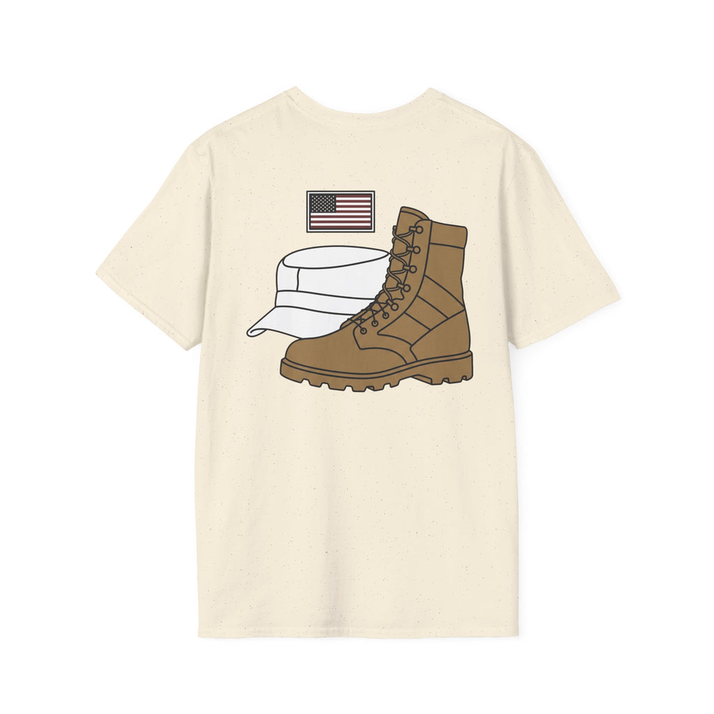 Cream T-shirt with US flag, military cap, and tan boot graphic