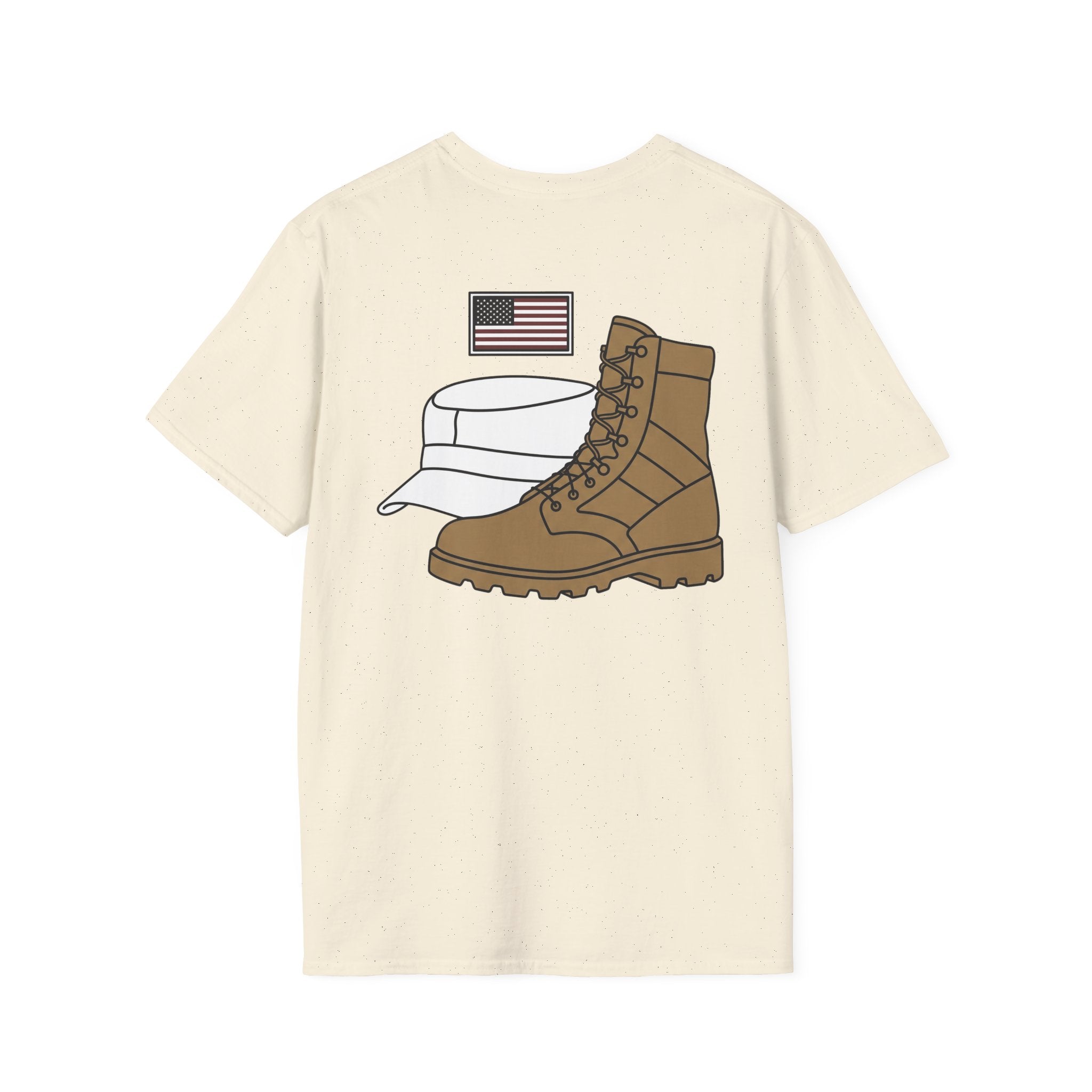 Cream T-shirt with US flag, military cap, and tan boot graphic