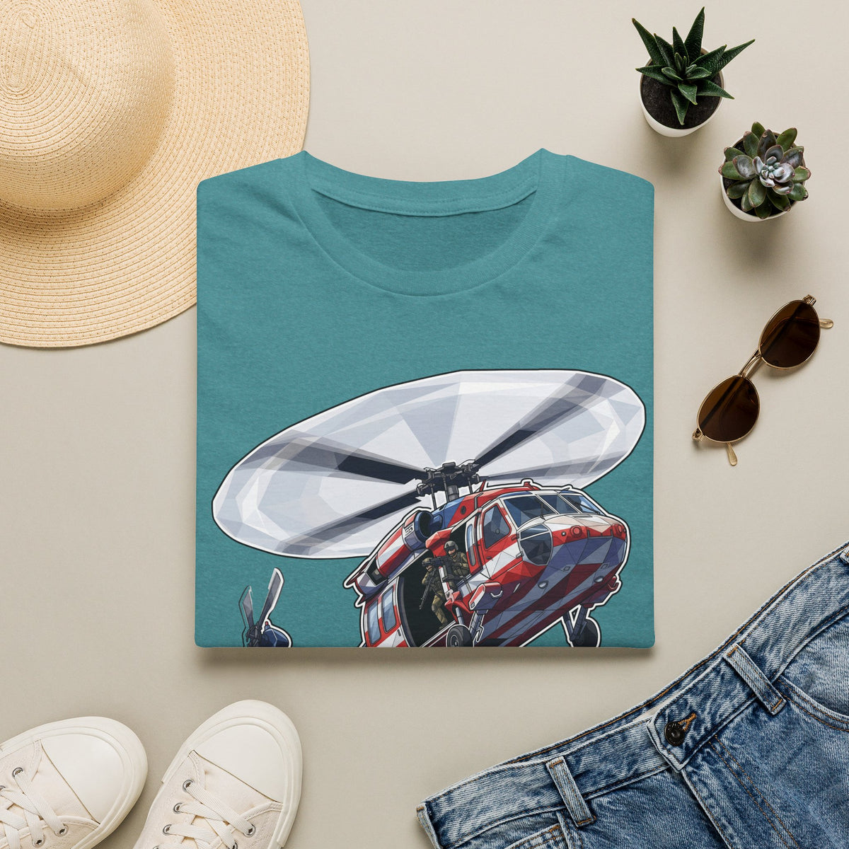 Teal rescue helicopter graphic T-shirt with flag-style tail, short sleeves