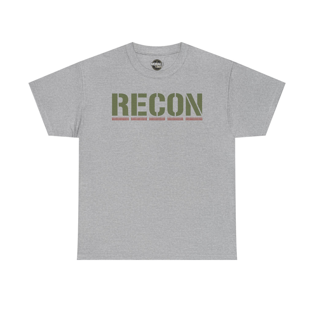 Light gray T-shirt with RECON stencil graphic in green and red stripe lettering