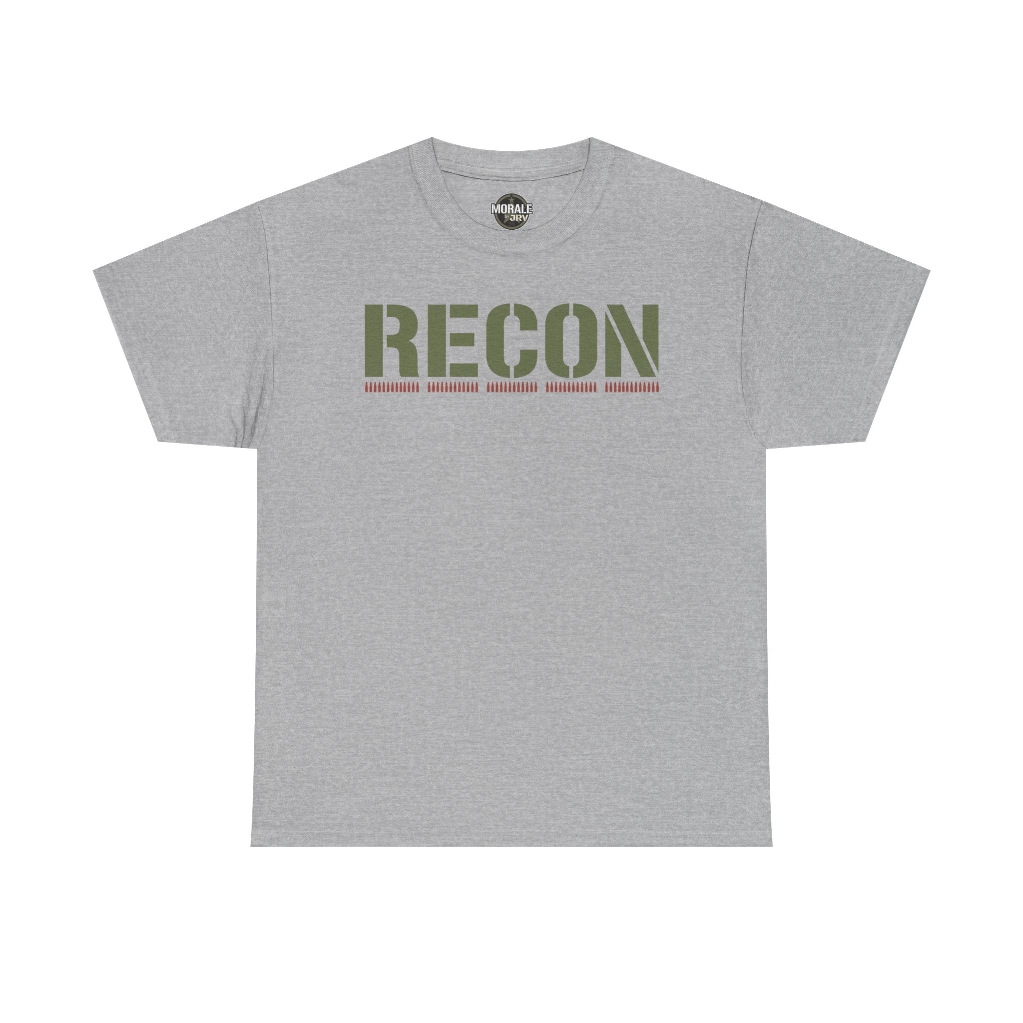 Light gray T-shirt with RECON stencil graphic in green and red stripe lettering