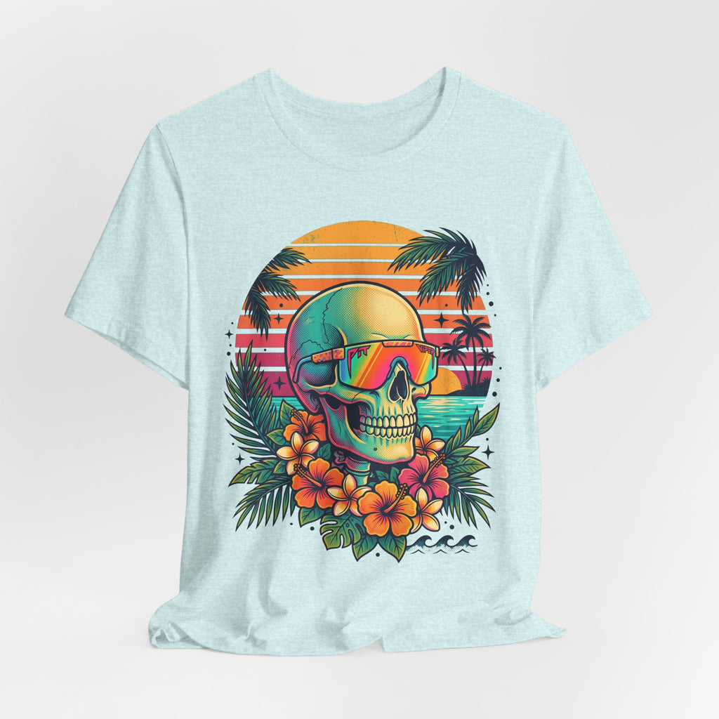 Light blue T-shirt with tropical skull wearing rainbow sunglasses and hibiscus floral graphic