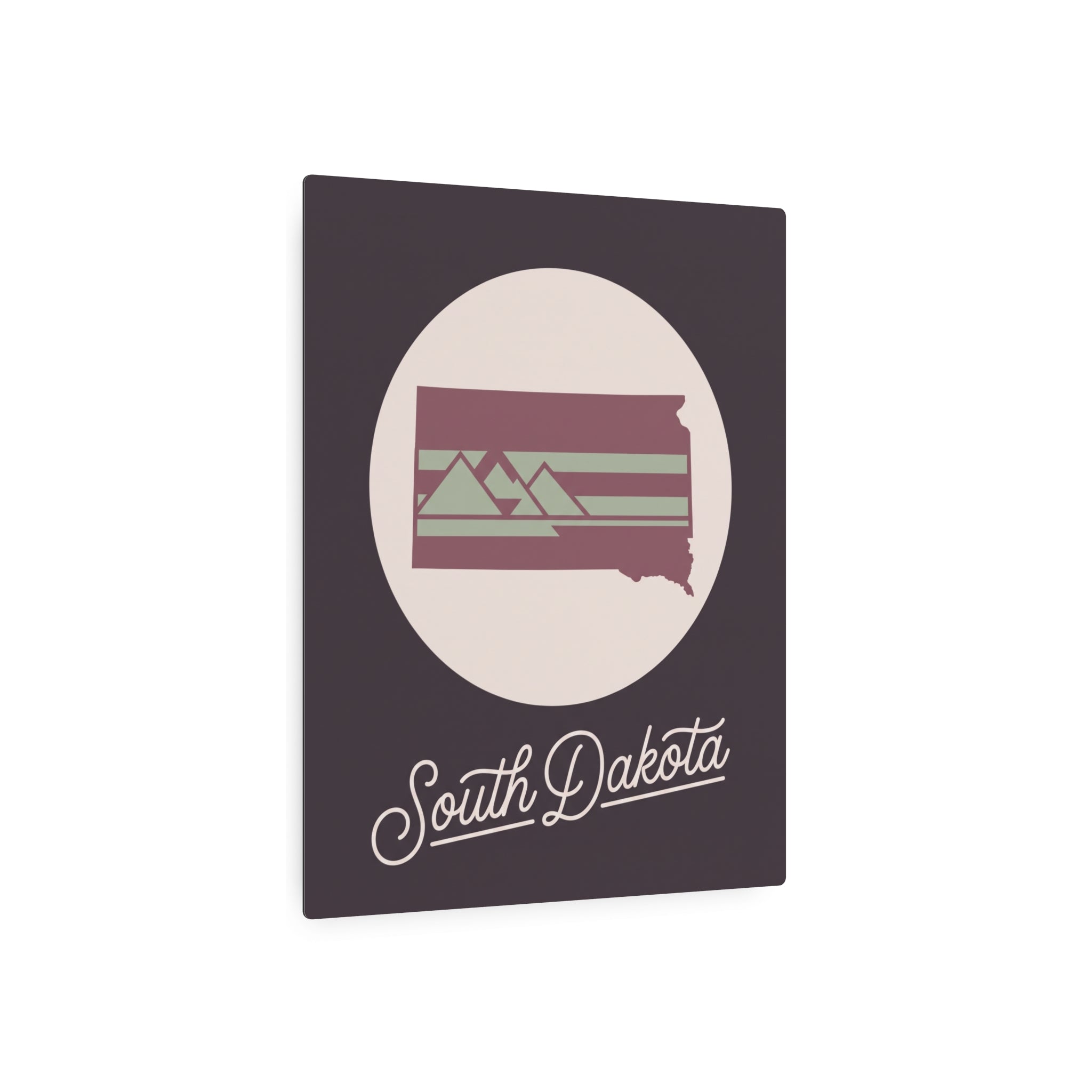 Square South Dakota metal wall art sign with circular graphic and mauve striped landscape