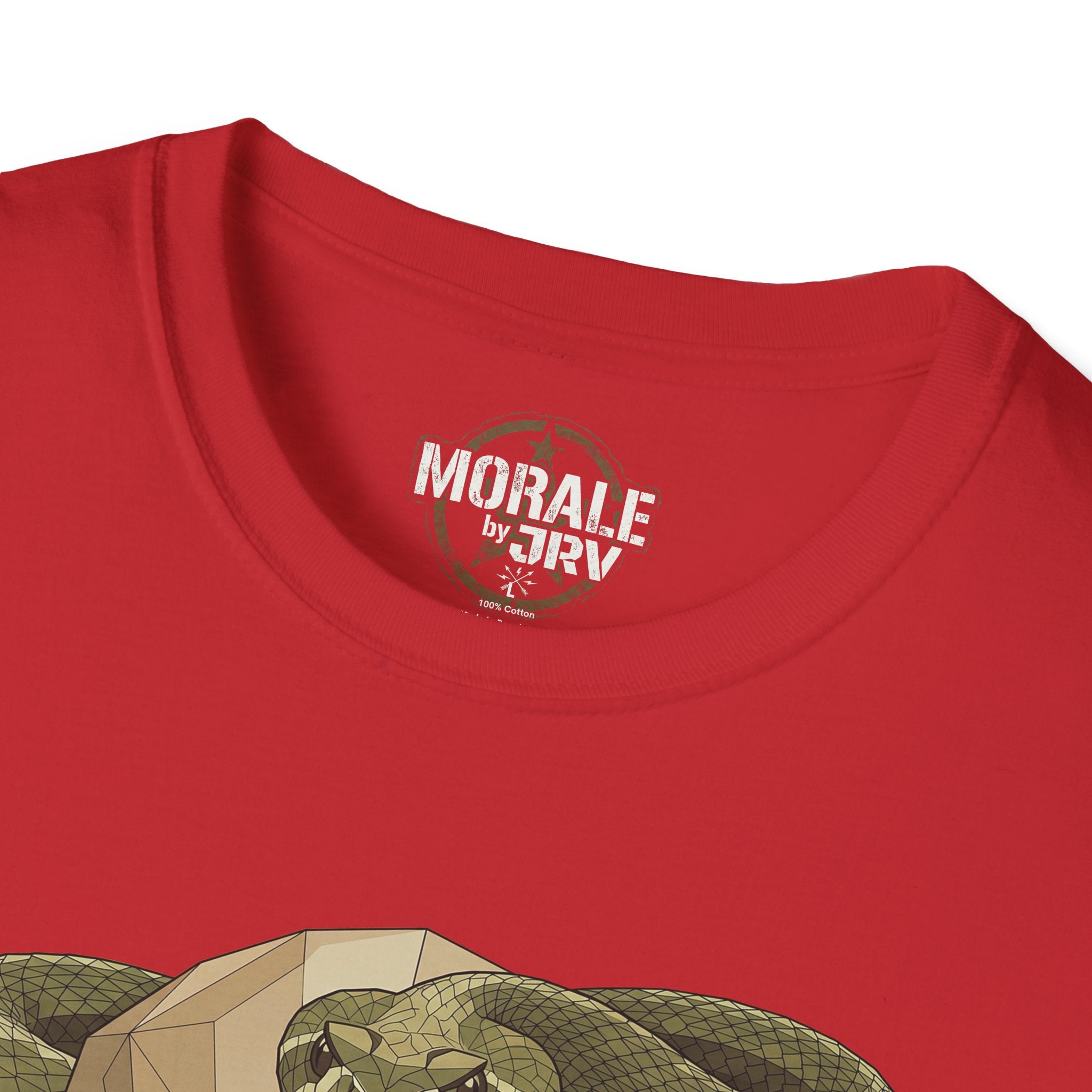 Red T-shirt neckline with brand label