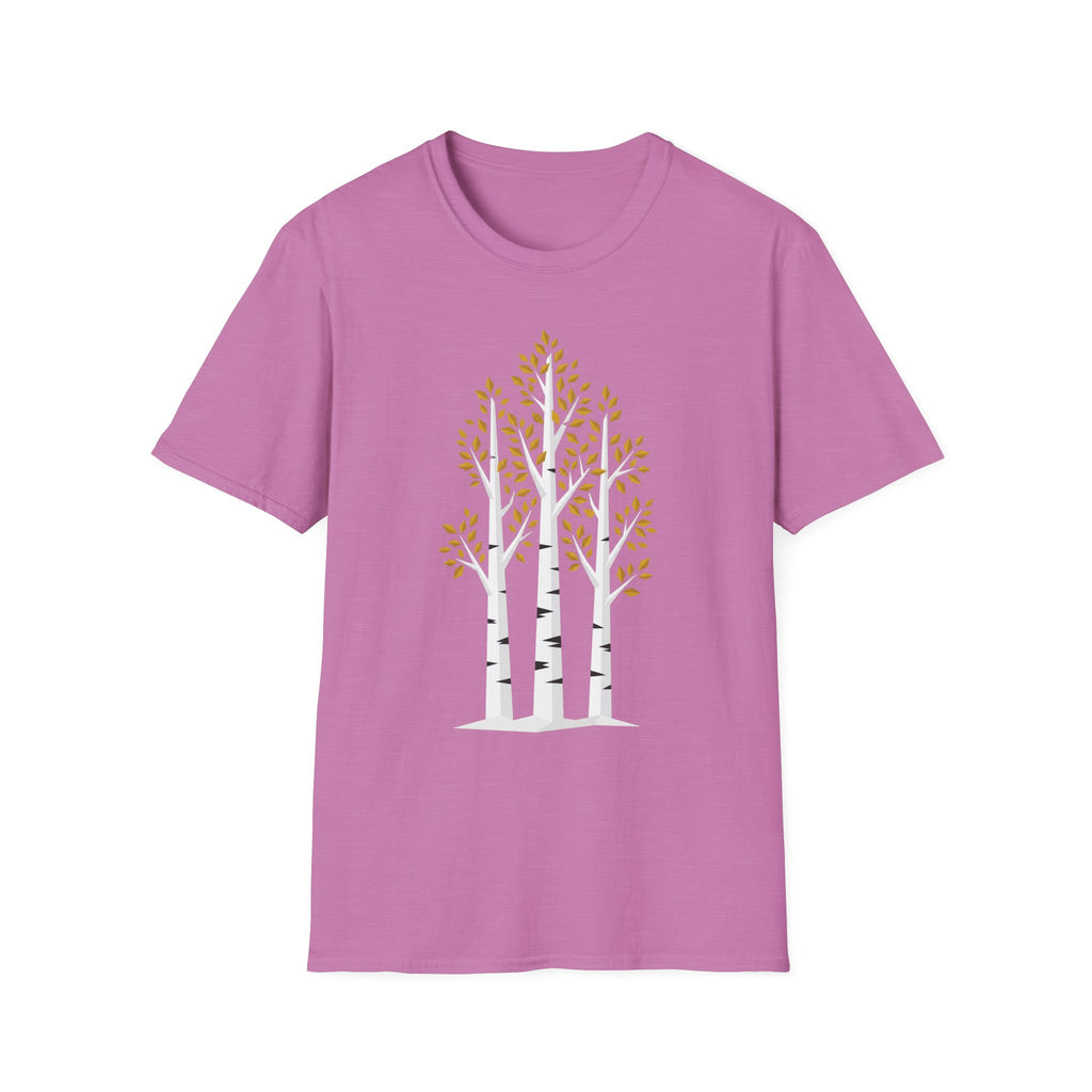 Purple T-shirt with minimalist birch trees and autumn leaves graphic, crew neck