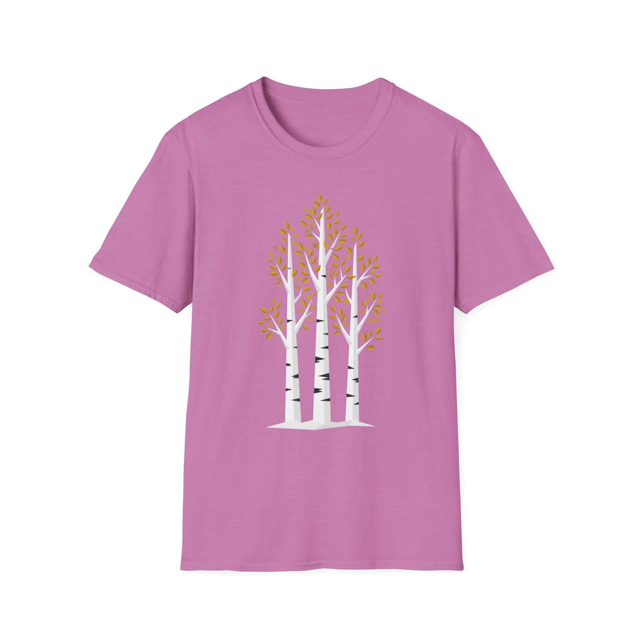 Purple T-shirt with minimalist birch trees and autumn leaves graphic, crew neck
