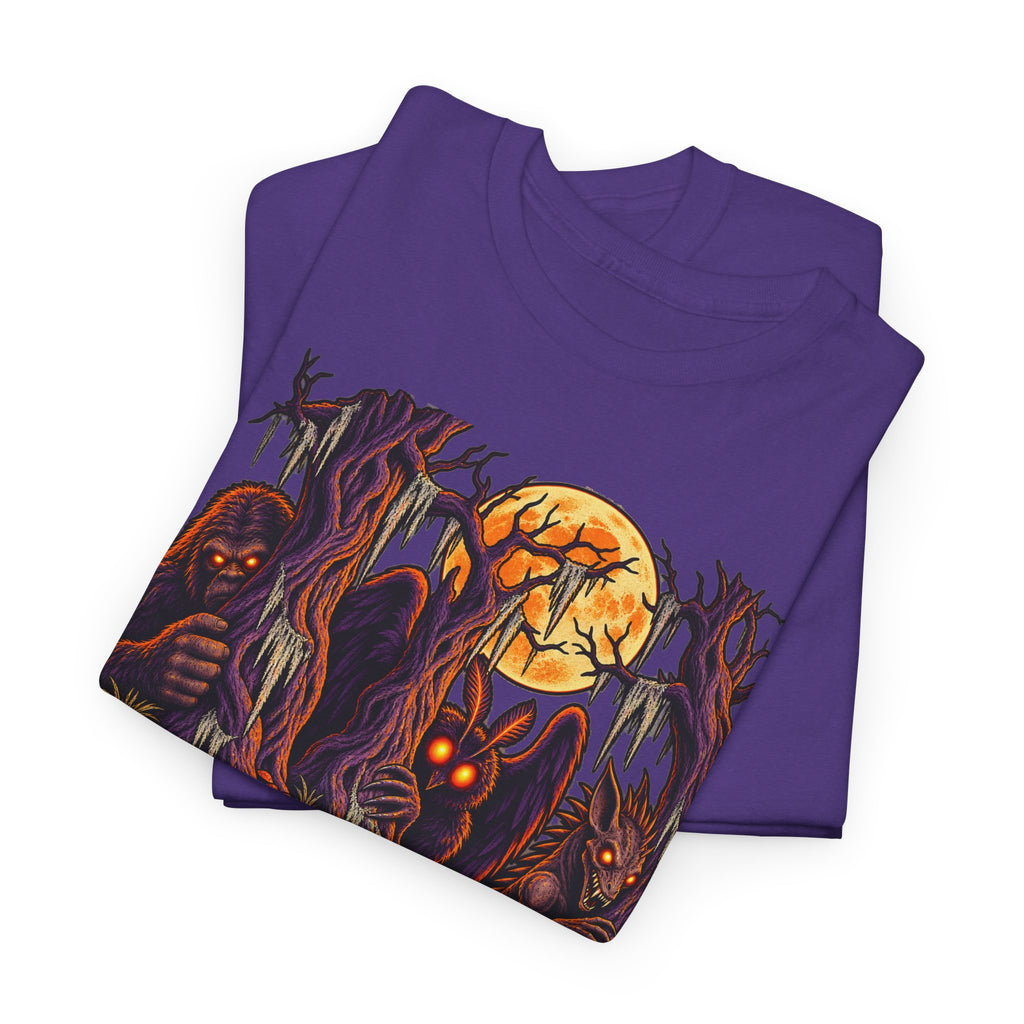 Purple monster graphic t-shirt with orange moon and glowing eyes on front