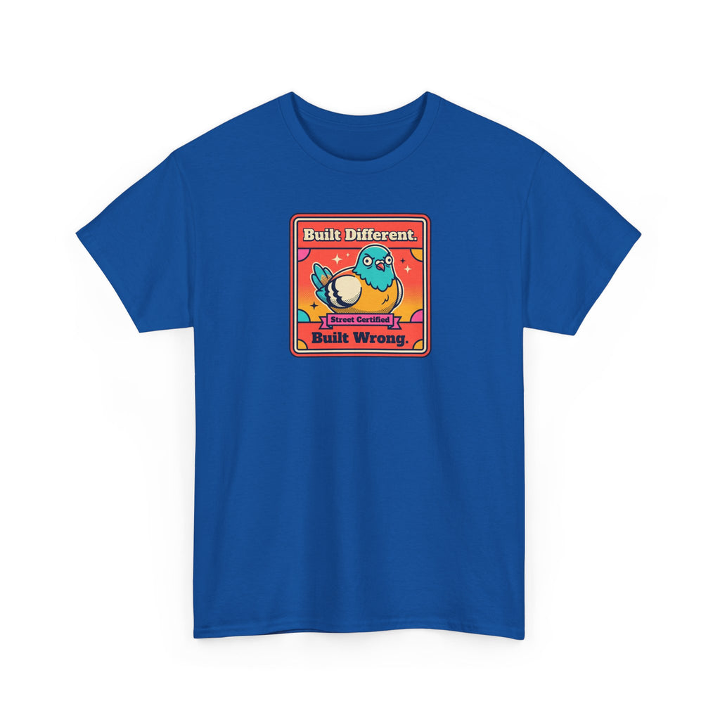 Royal blue T-shirt with framed cartoon bird graphic on the chest