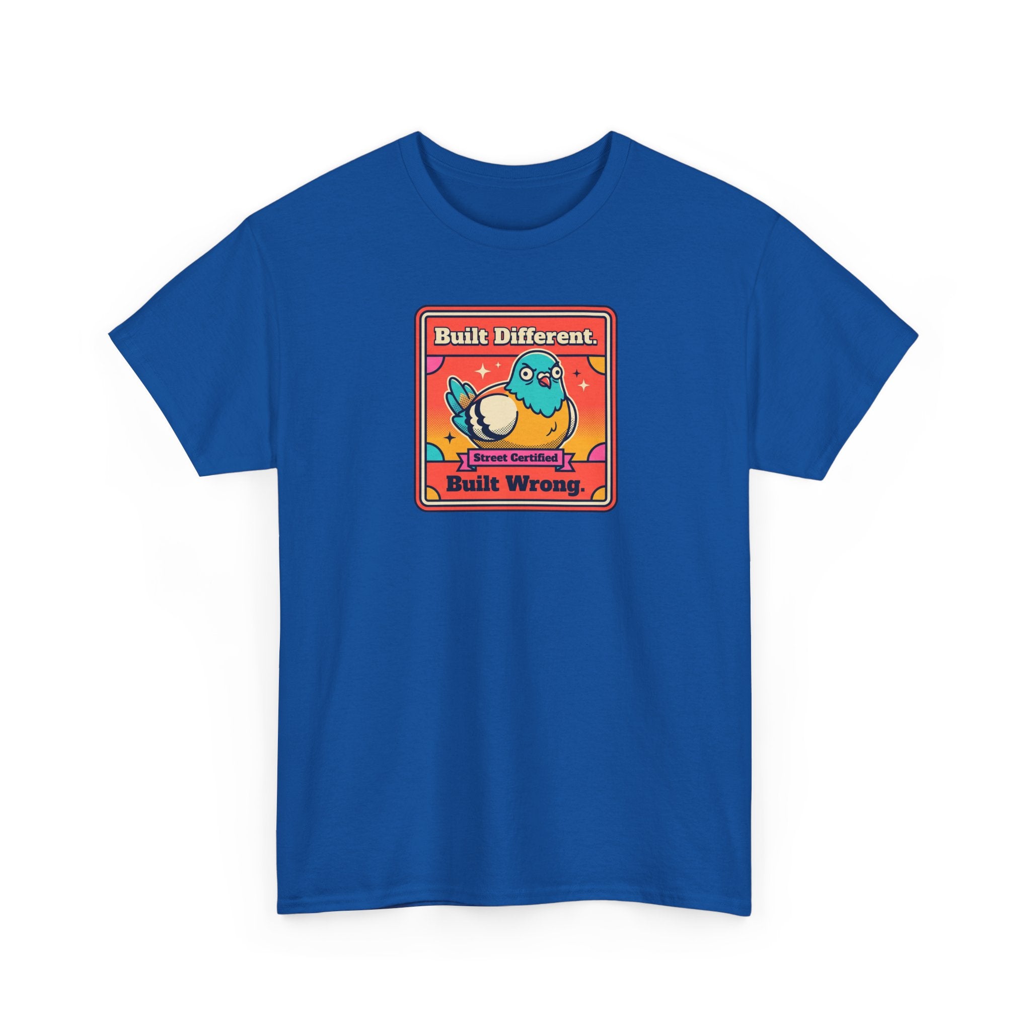 Royal blue T-shirt with framed cartoon bird graphic on the chest