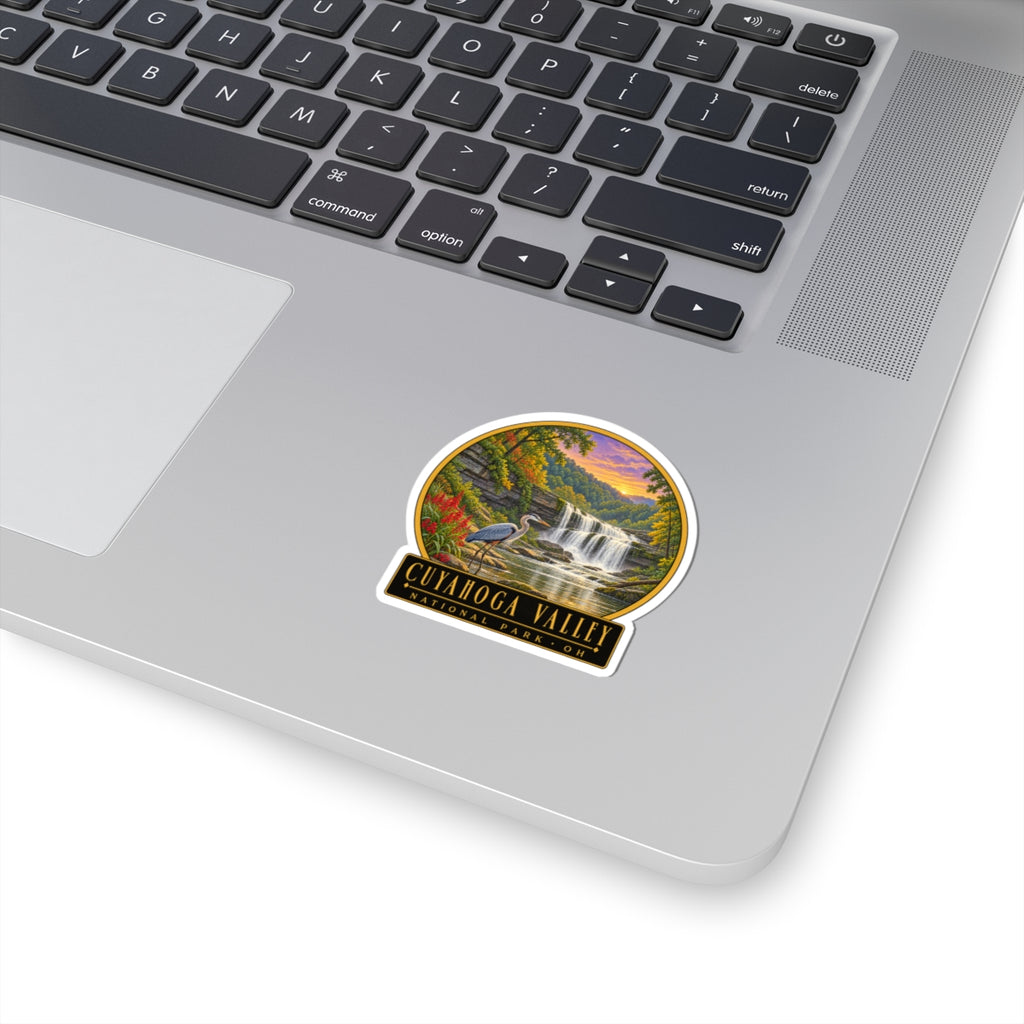 Waterfall scenic vinyl sticker with circular border and CUYAHOGA VALLEY text