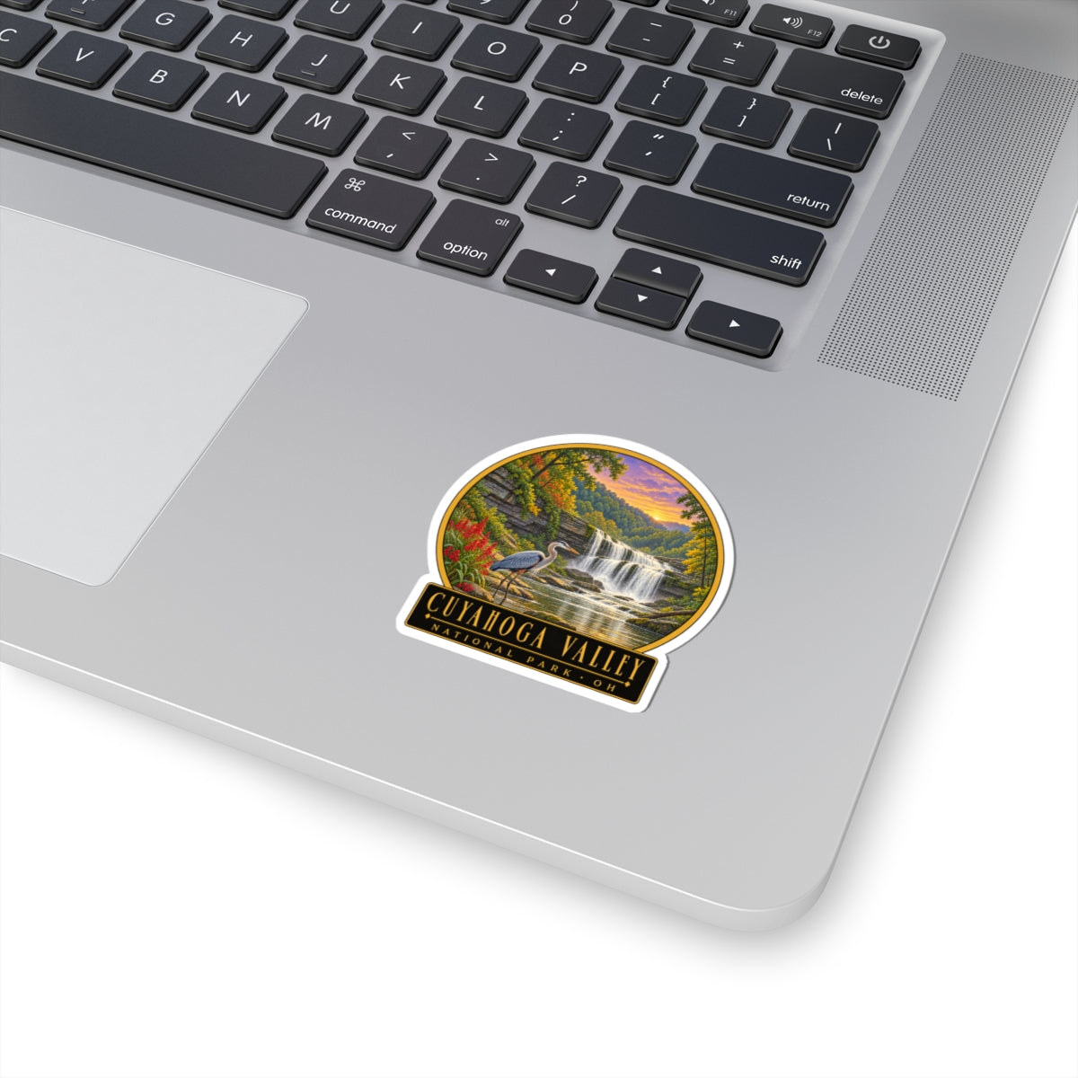 Waterfall scenic vinyl sticker with circular border and CUYAHOGA VALLEY text