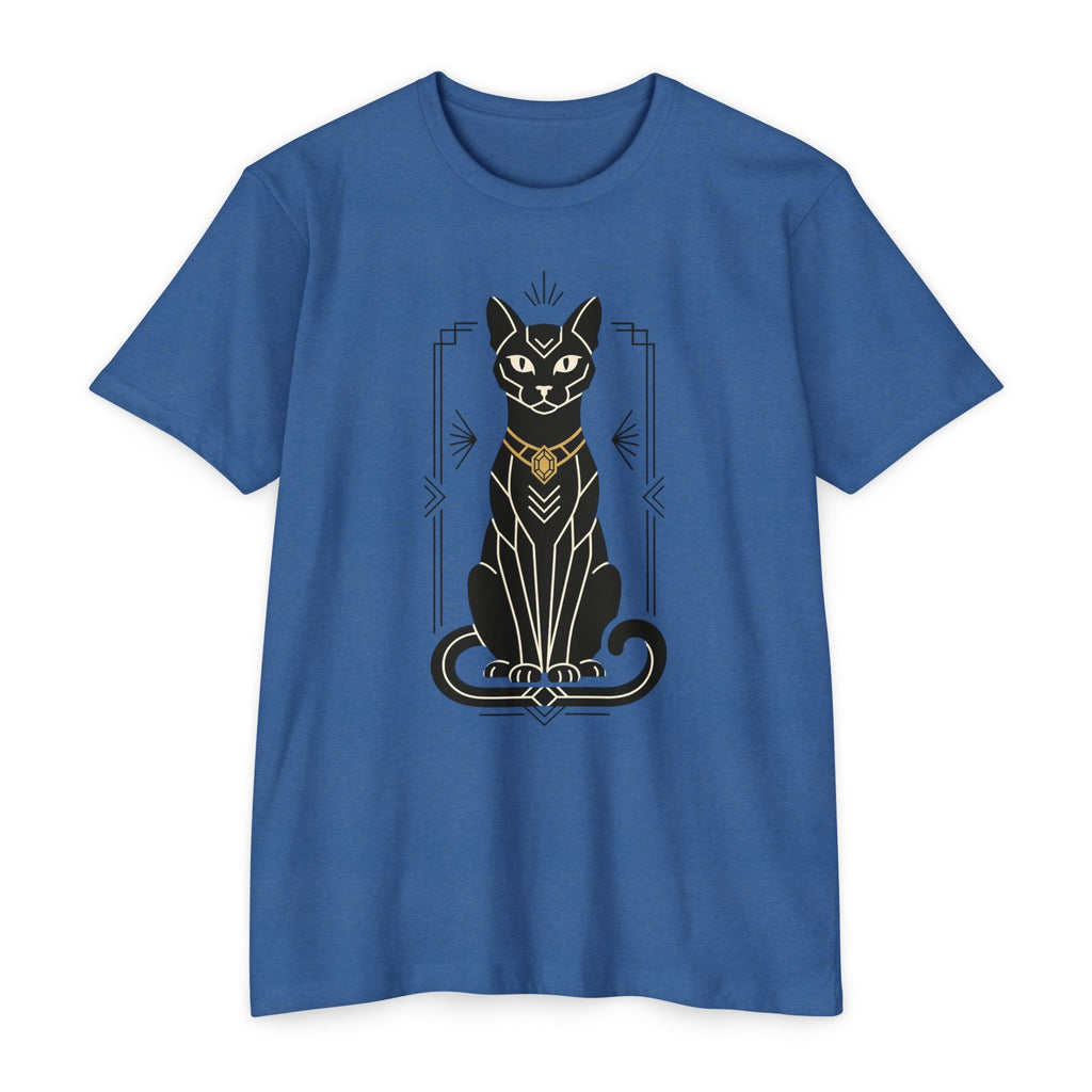 Blue unisex t-shirt with black Egyptian cat illustration graphic