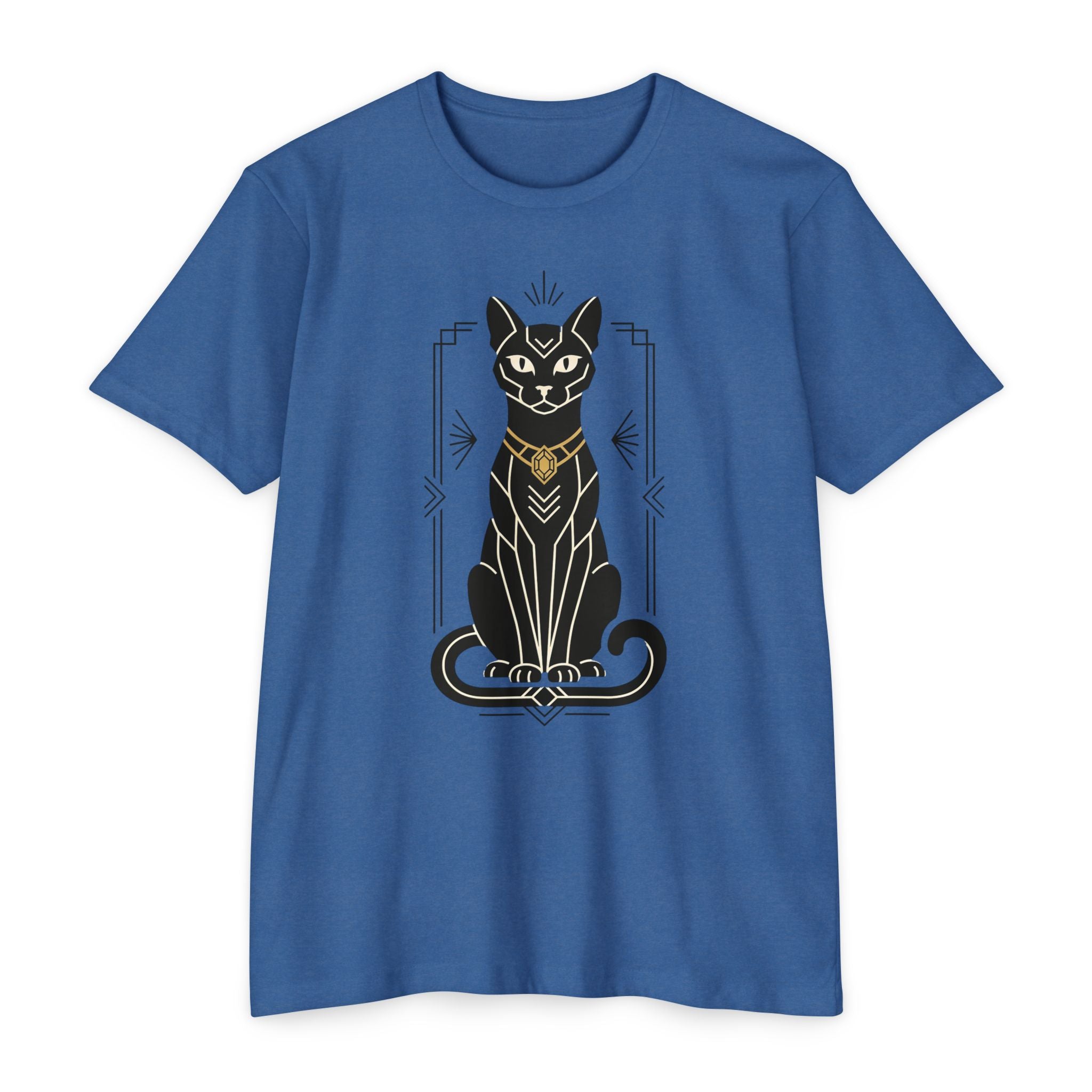 Blue unisex t-shirt with black Egyptian cat illustration graphic