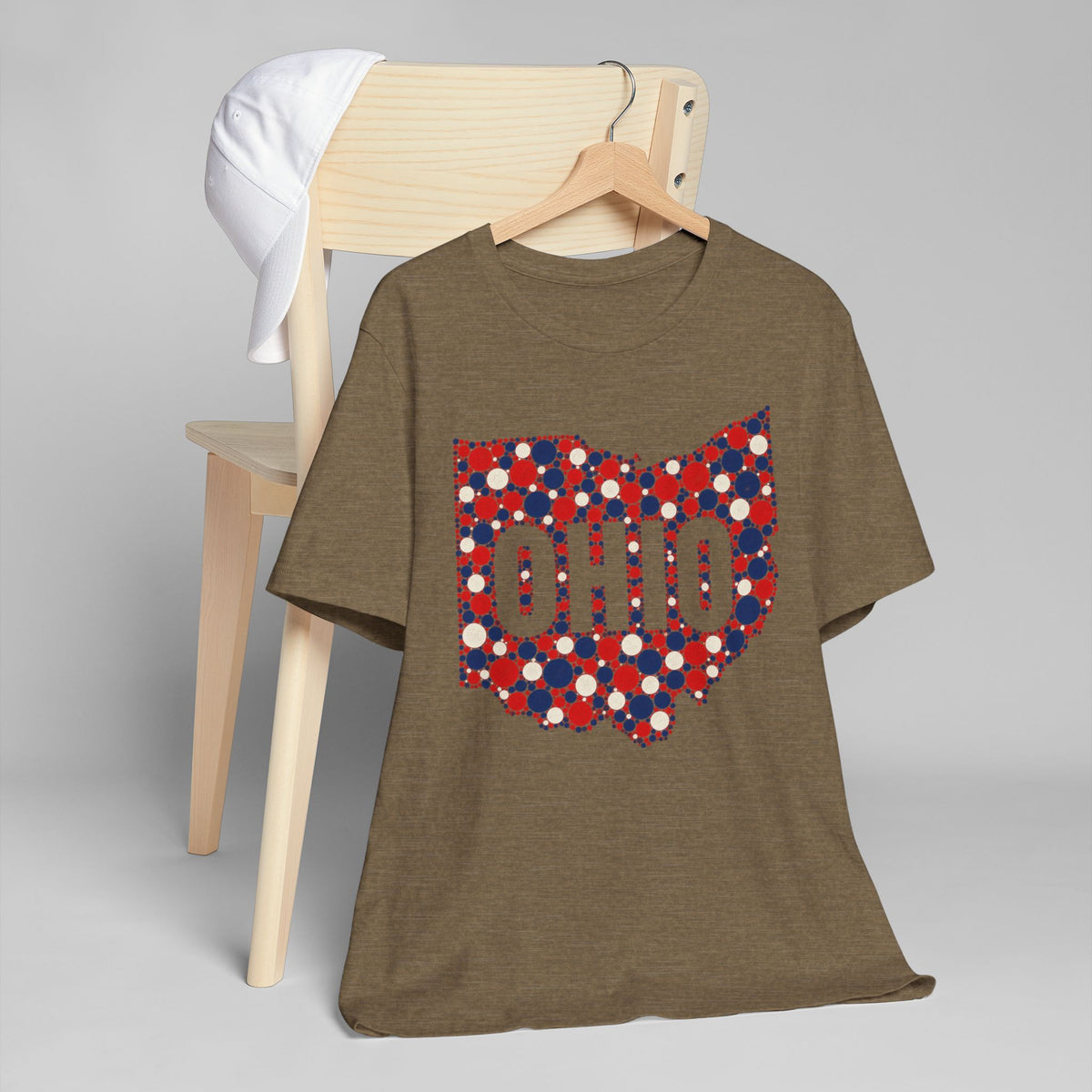 Brown crew-neck t-shirt with colorful Ohio graphic map front
