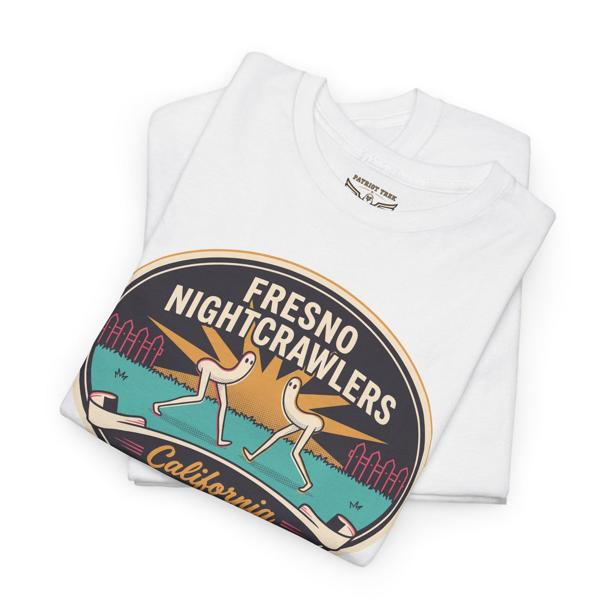 White graphic patch tee with Fresno Nightcrawlers skateboard scene front print
