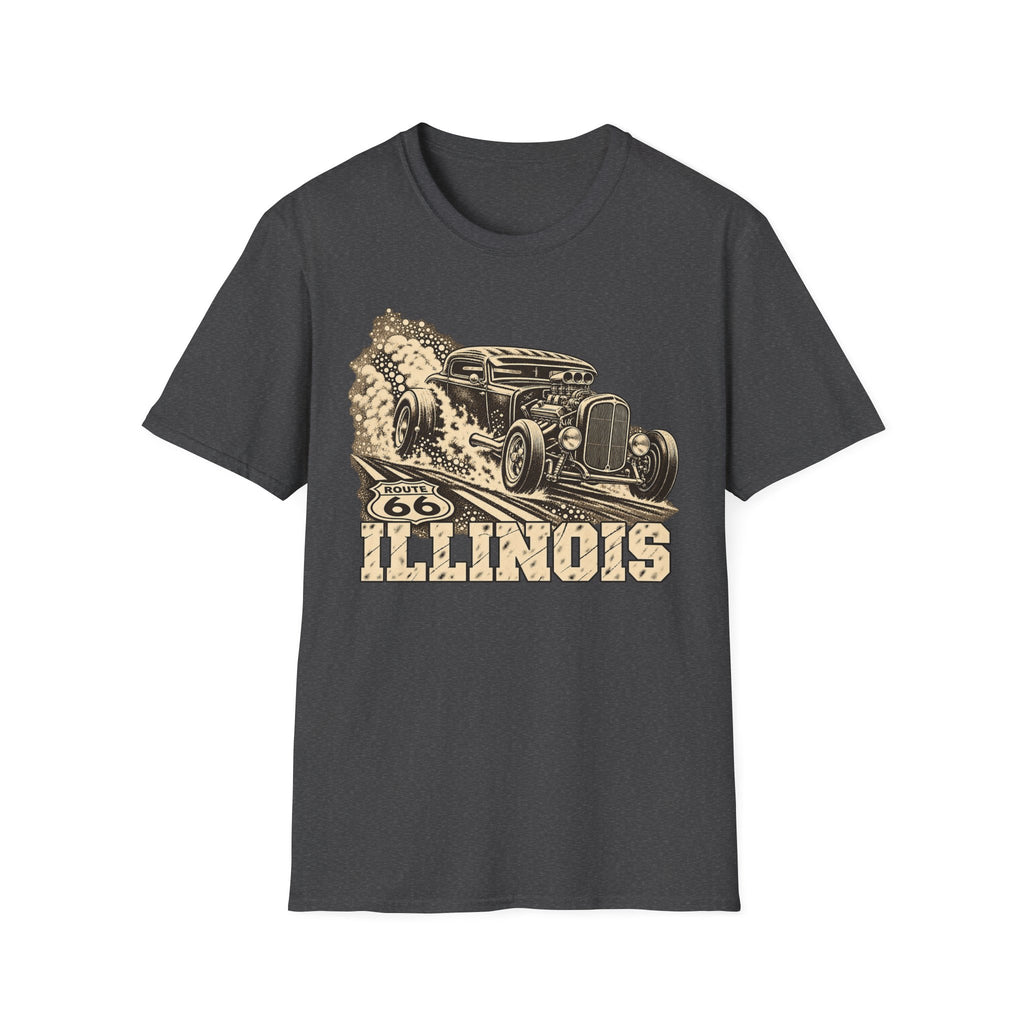 Charcoal heather hot rod T-shirt with vintage car and Illinois graphic print