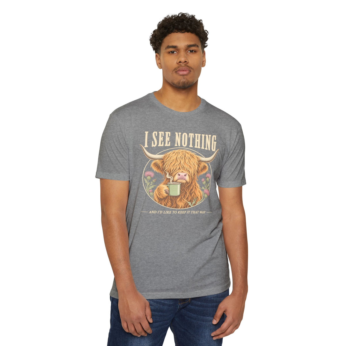 Gray crewneck T-shirt with Highland cow “I See Nothing” graphic