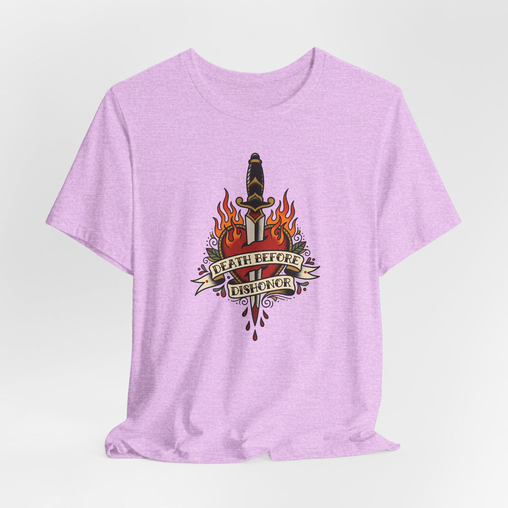 Lavender crew-neck T-shirt with centered dagger and flames graphic.