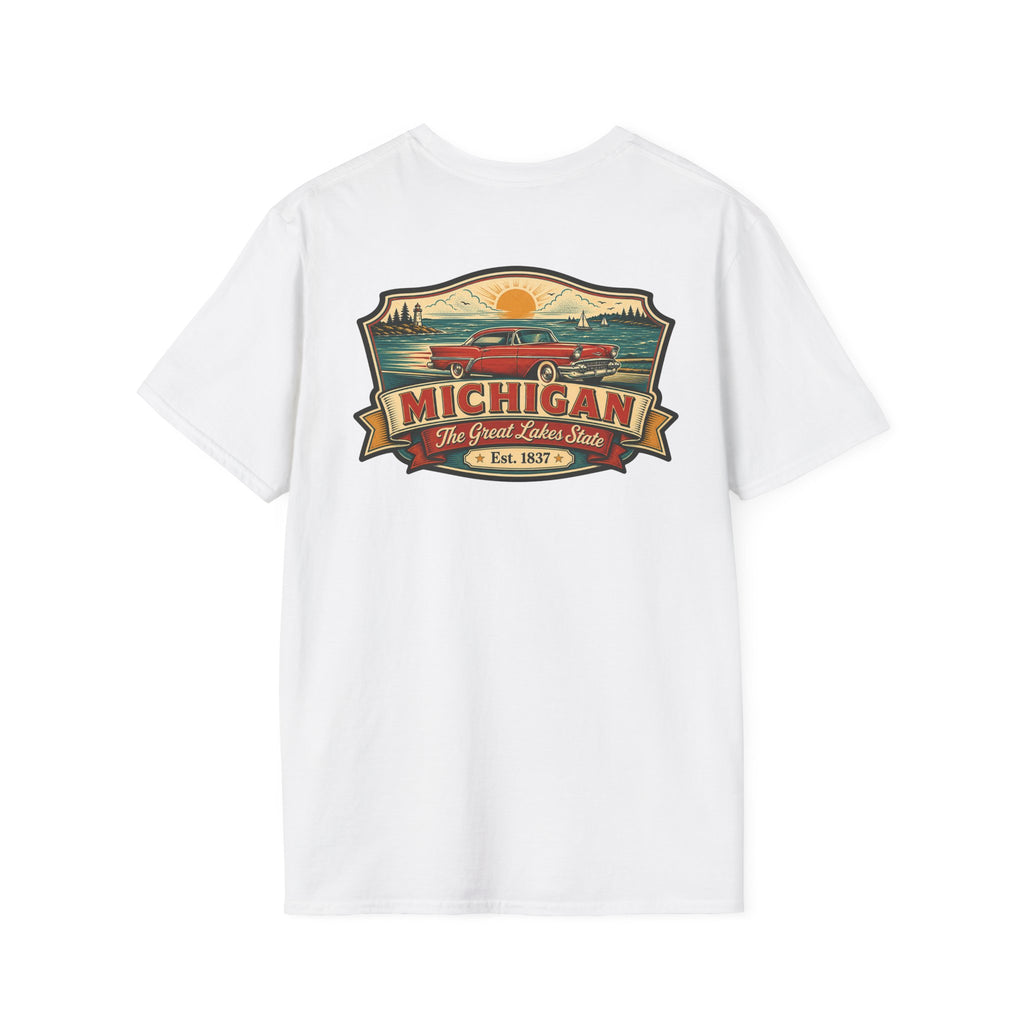 White T-shirt with Michigan emblem and red car graphic on front