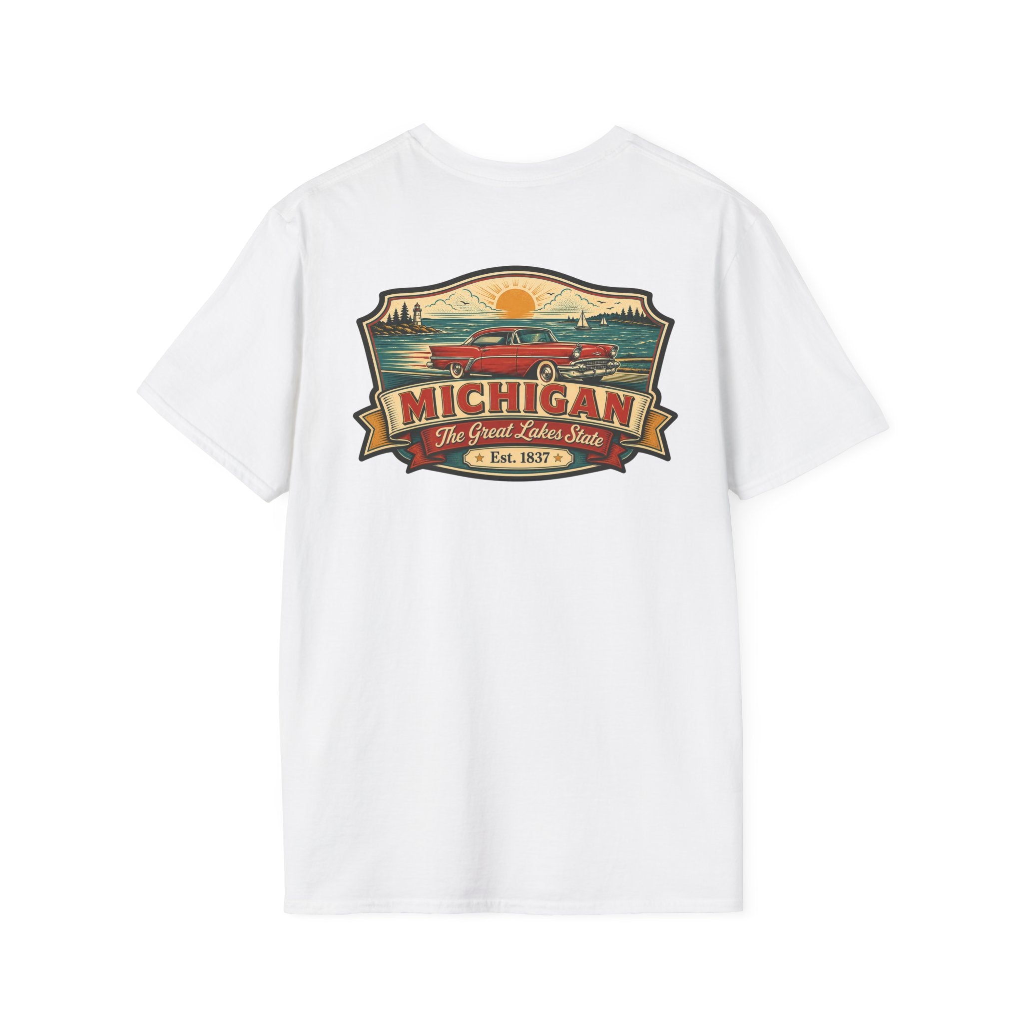 White T-shirt with Michigan emblem and red car graphic on front