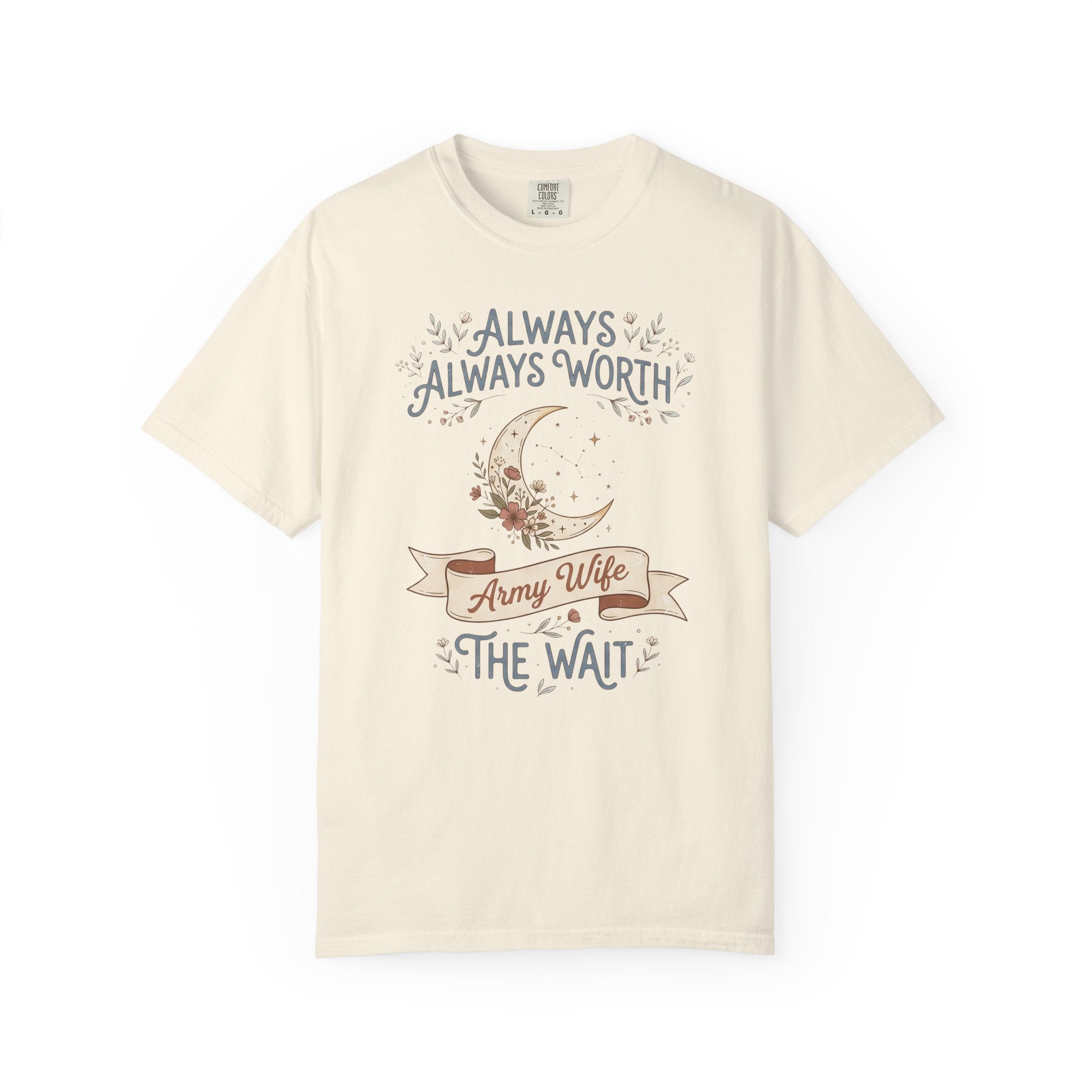 Ivory crewneck T-shirt with moon and “Always Worth the Wait” graphic