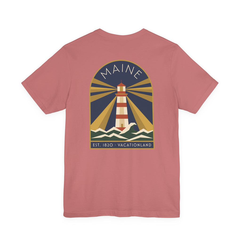 Dusty rose crewneck T-shirt with vintage lighthouse graphic in circular badge