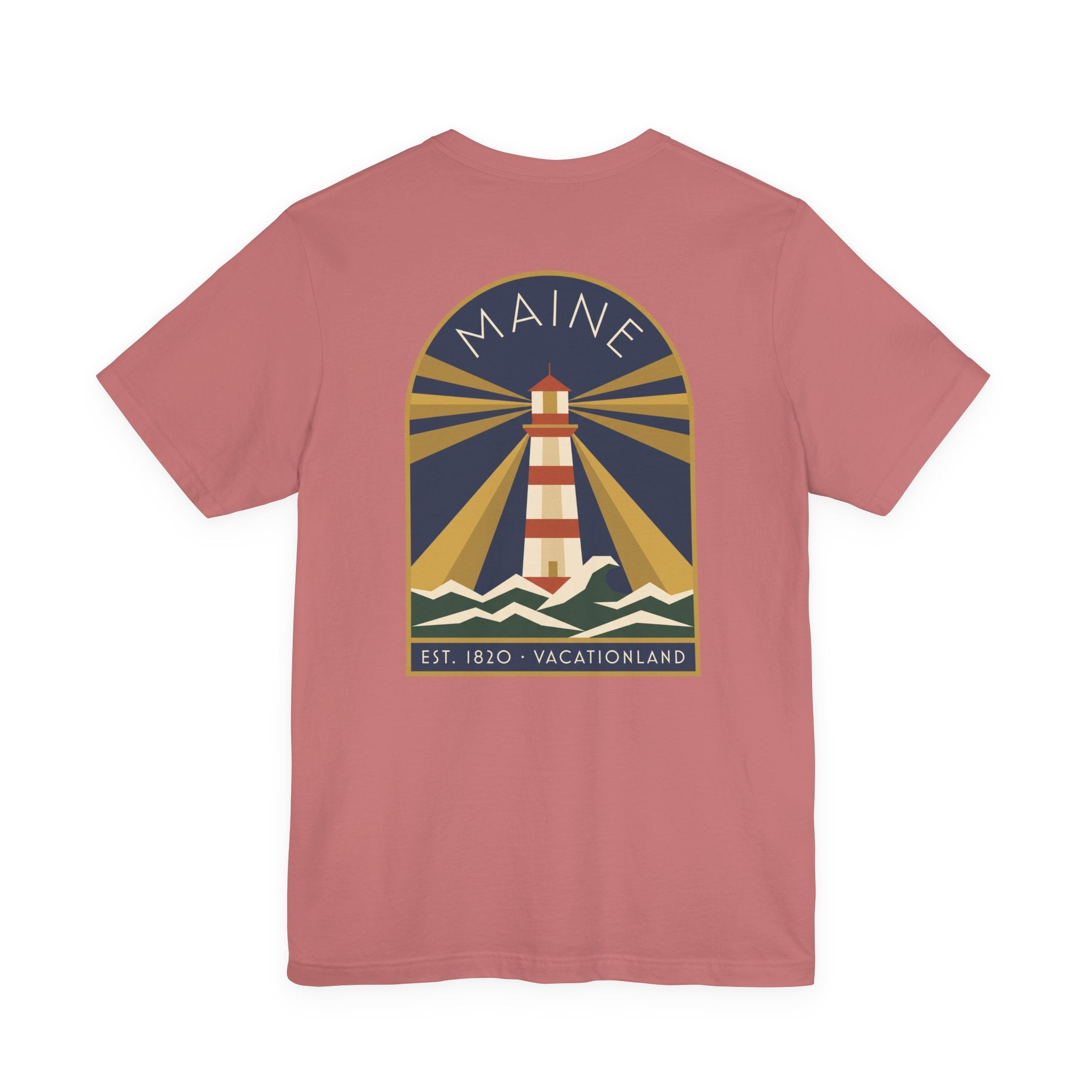 Dusty rose crewneck T-shirt with vintage lighthouse graphic in circular badge