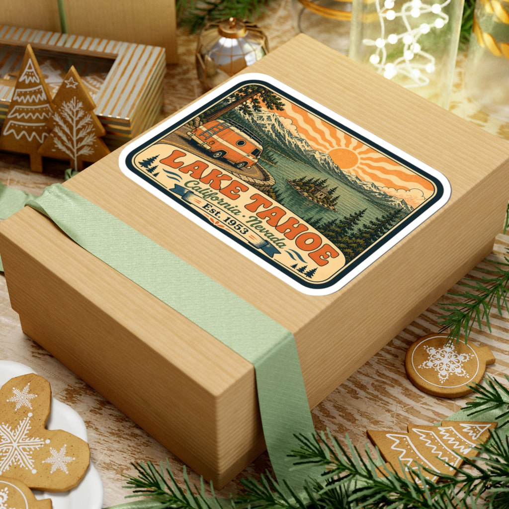 Lake Tahoe sticker centered on gift box, orange camper van landscape with "LAKE TAHOE"