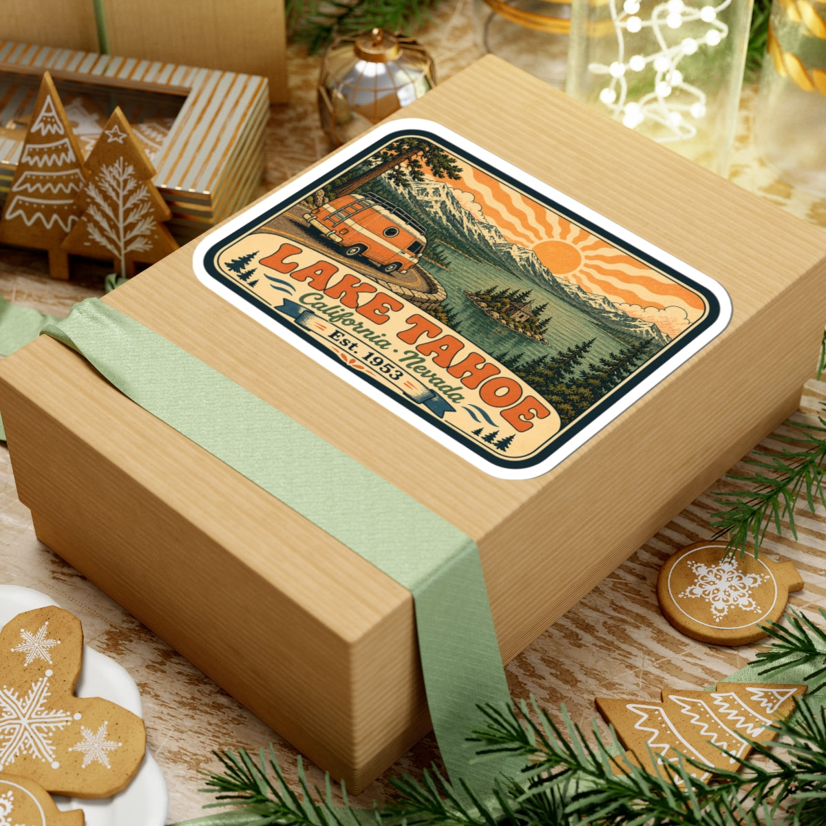 Lake Tahoe sticker centered on gift box, orange camper van landscape with "LAKE TAHOE"