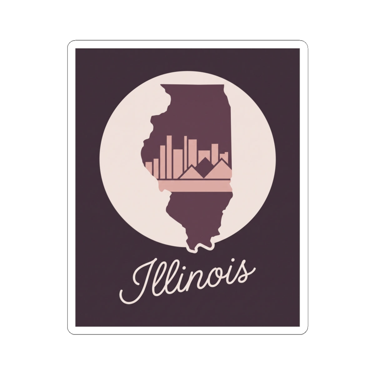 Mauve Illinois state silhouette vinyl decal with white circle and “Illinois” cursive text