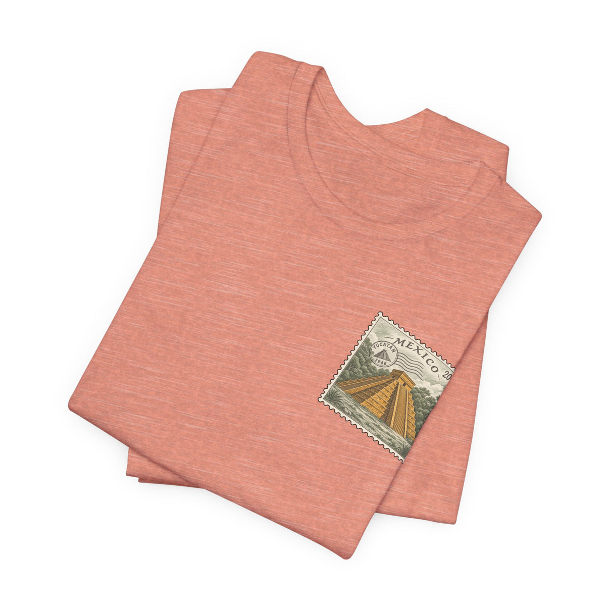 Rust orange crew-neck T-shirt with small Mexico postage stamp graphic