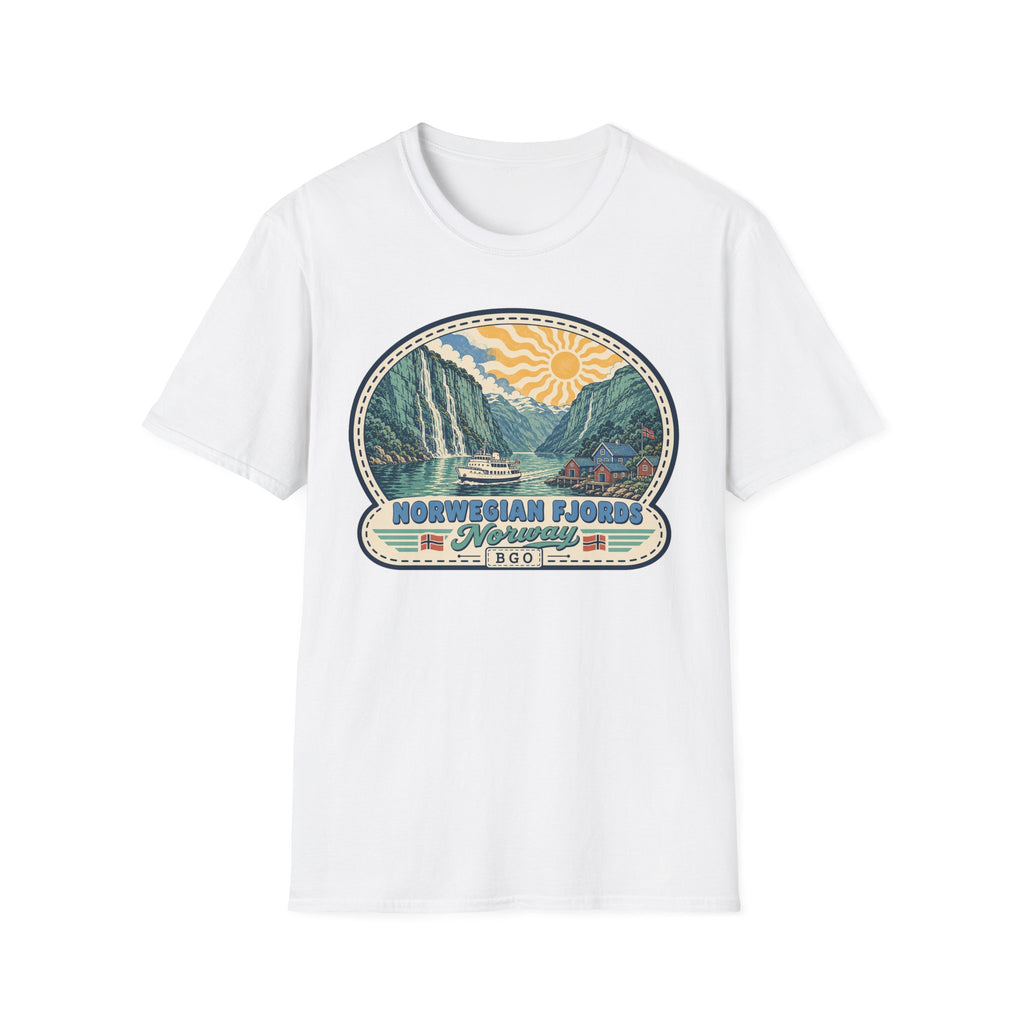 White t-shirt with circular Norwegian fjords vintage landscape graphic