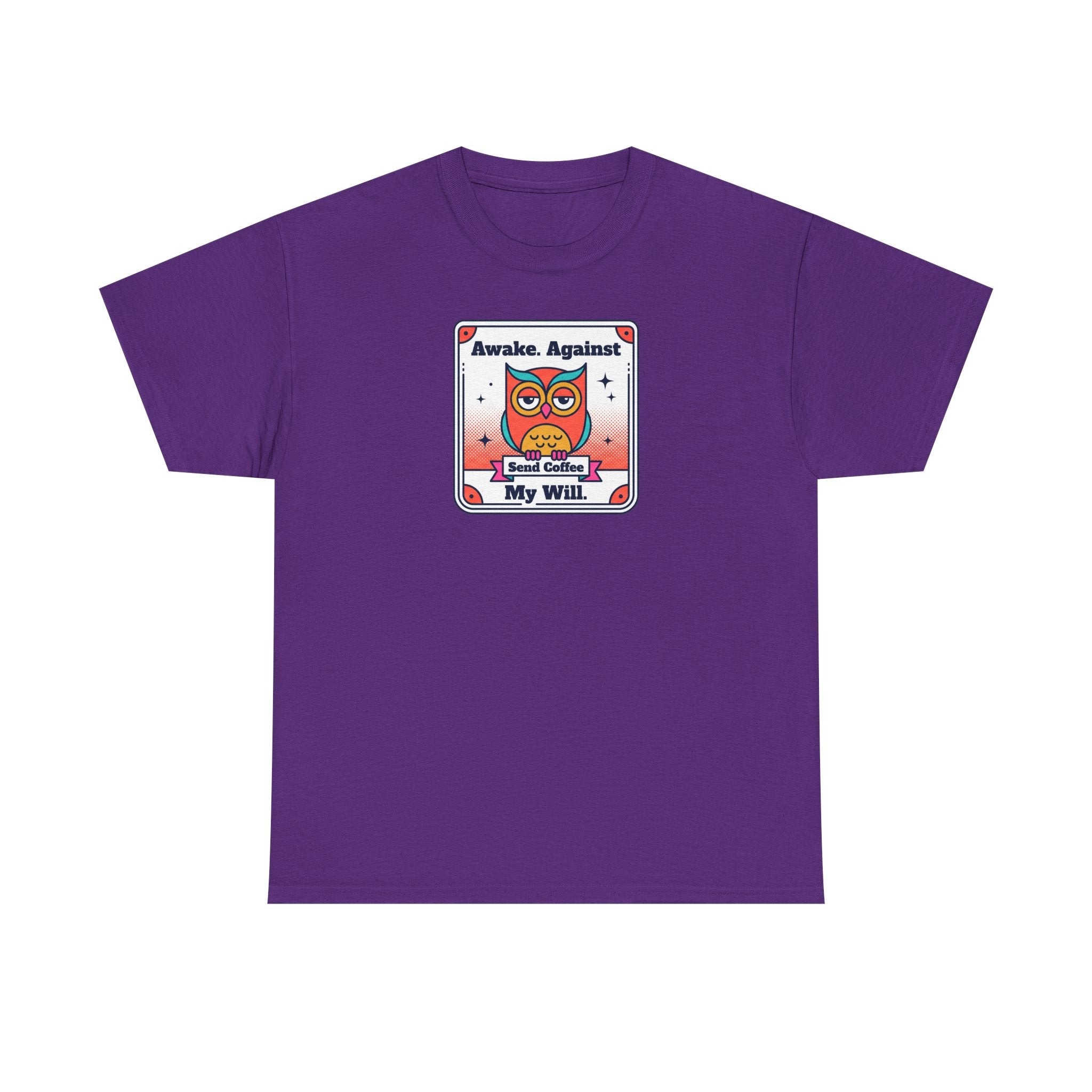 Purple T-shirt with square graphic print at chest.