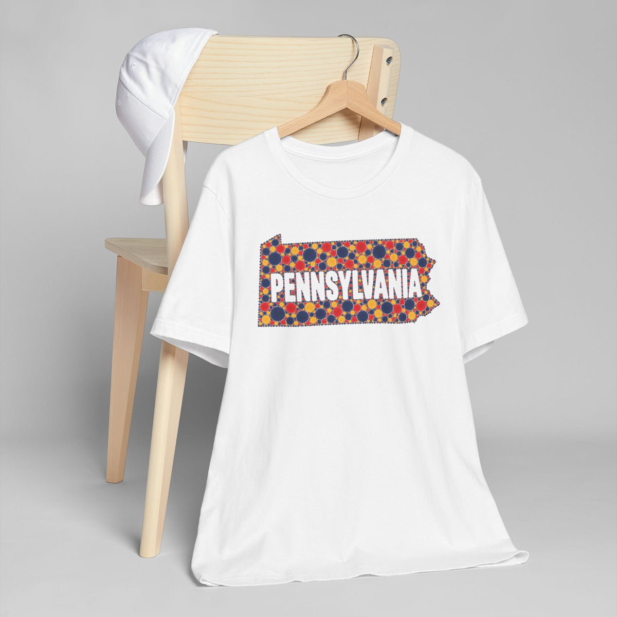 White crewneck T-shirt with colorful Pennsylvania graphic print